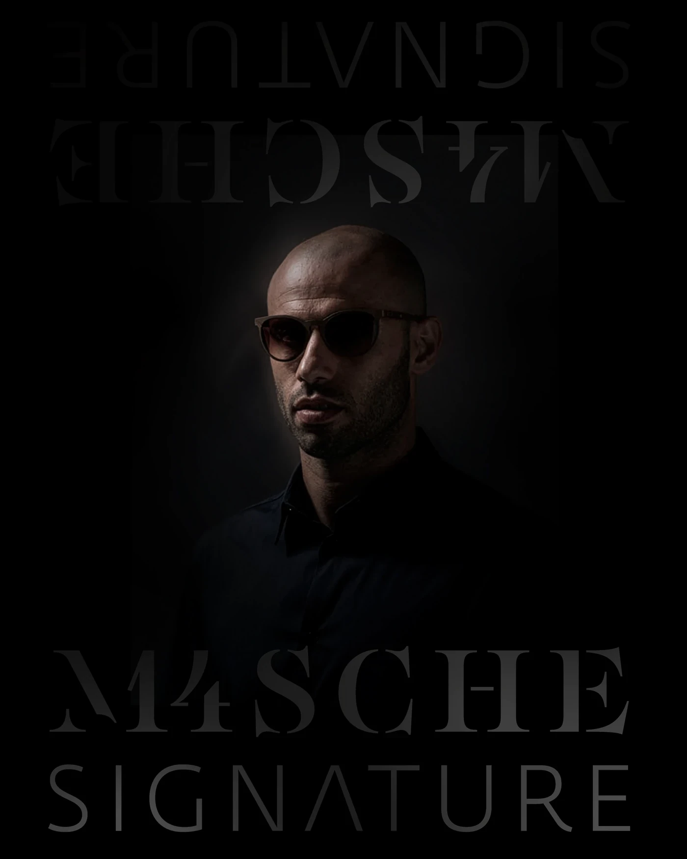 Javier Mascherano portrait in sunglasses with the M4SCHE Signature logo, packaging design by Sebastian Saavedra
