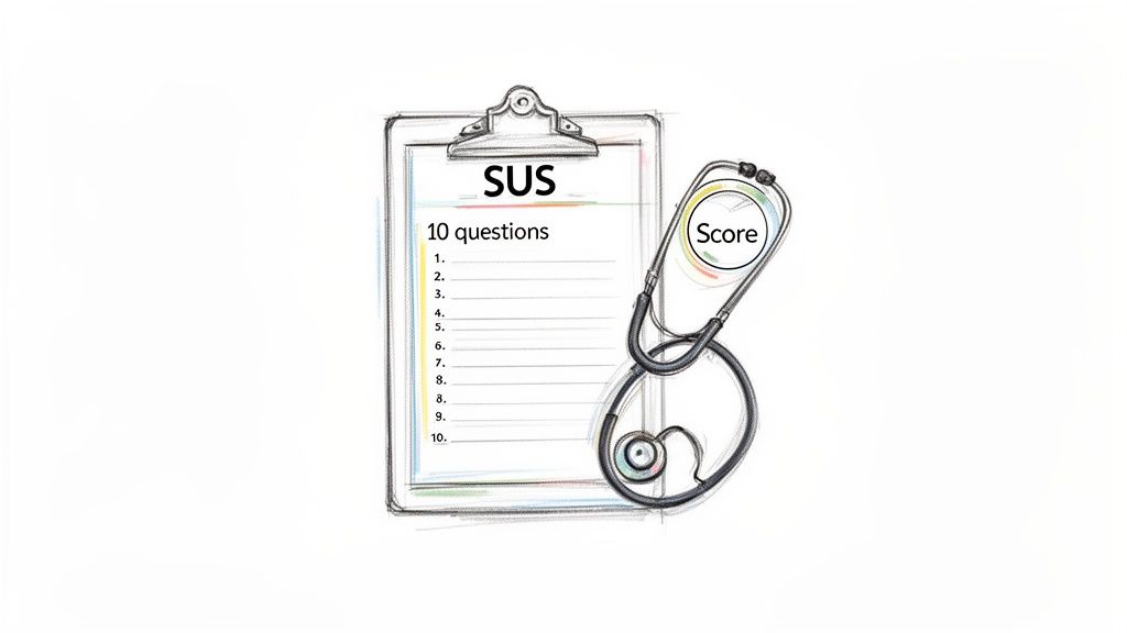 A hand-drawn clipboard with a SUS 10-question survey and a stethoscope showing 'Score'.