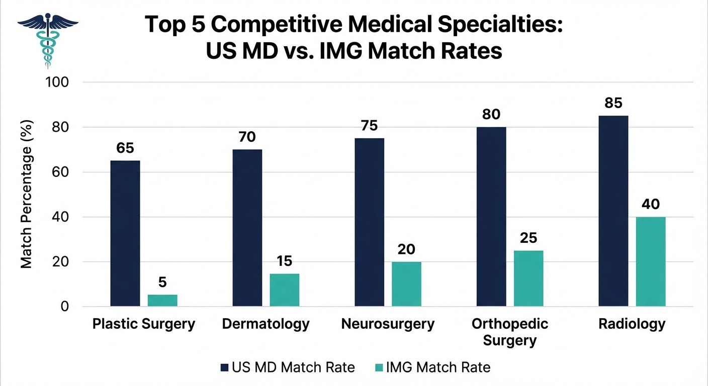 2026 match rates by specialty showing competitiveness levels for plastic surgery, dermatology, neurosurgery, orthopedics and radiology