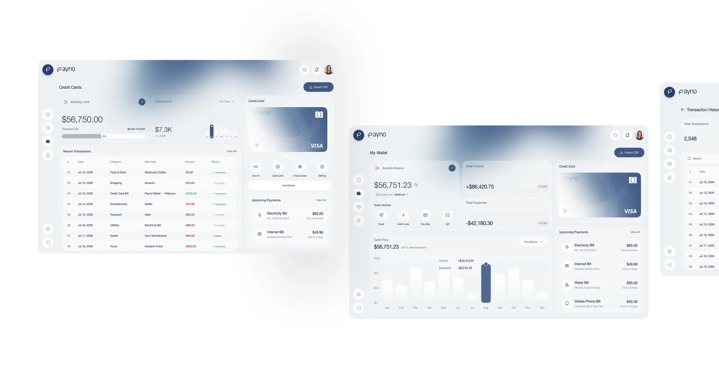 Credit cards, wallet and transaction history on the web dashboard