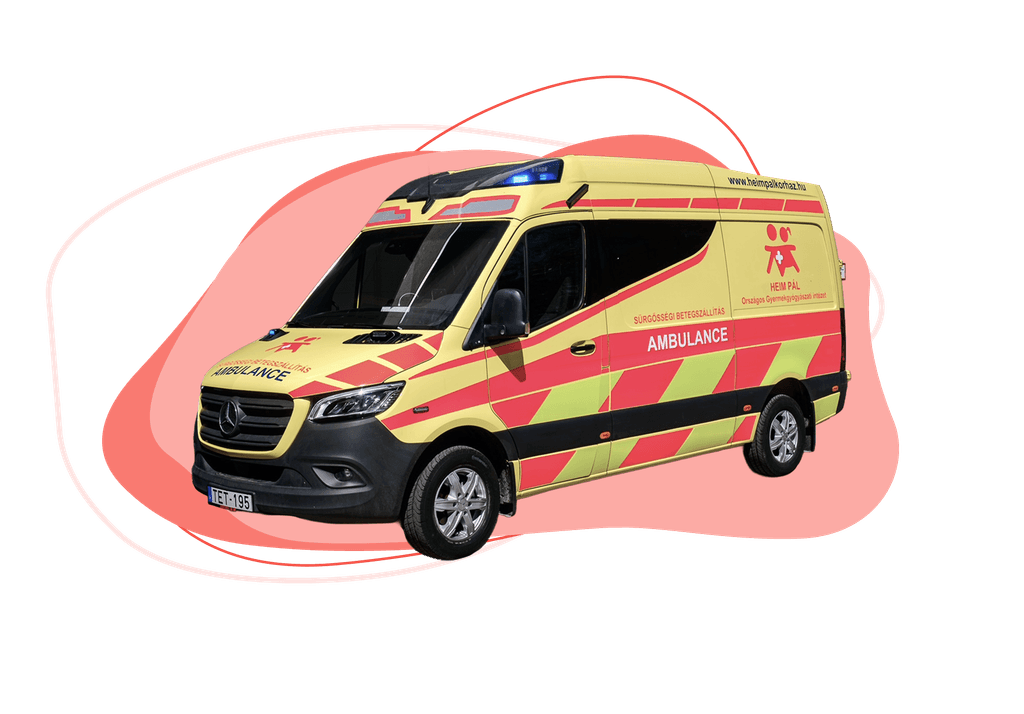 Különböző színes szabálytalan alakzatok és rajtuk egy mentőautó