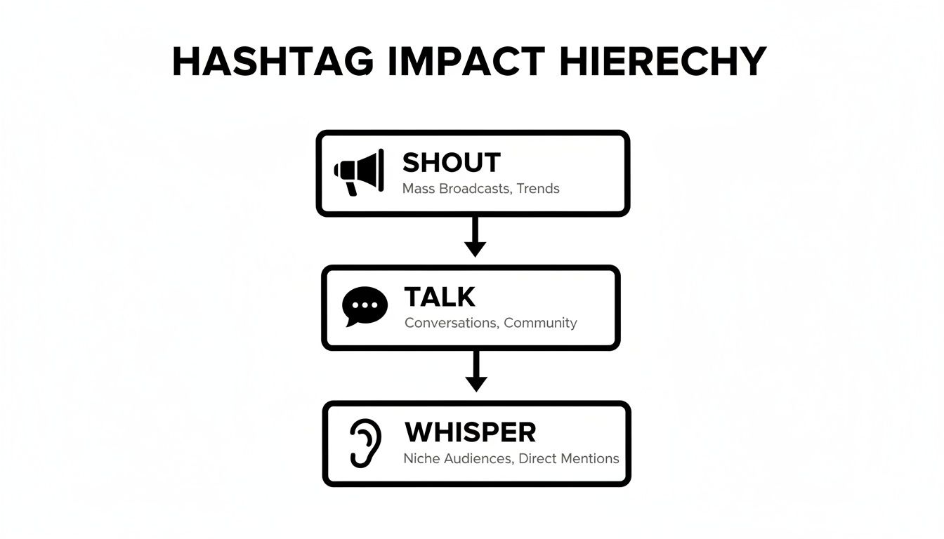 Hierarchy of hashtag impact showing shout, talk, and whisper levels with descriptions and icons.