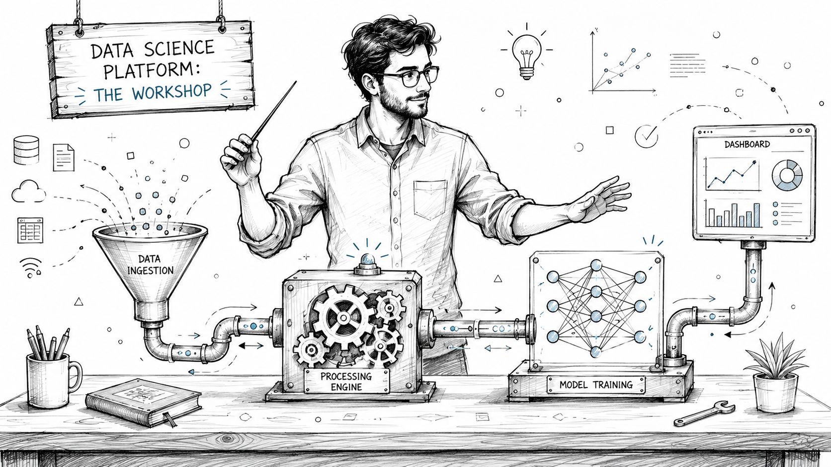 A man directing a data science platform workflow involving ingestion, processing engine, model training, and dashboard visualization.
