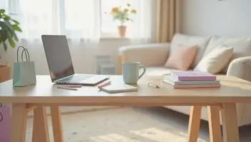 Minimalist living room with a wooden desk, closed laptop, pastel shopping bags, and pastel notebooks symbolizing budgeting and mindful shopping efforts.