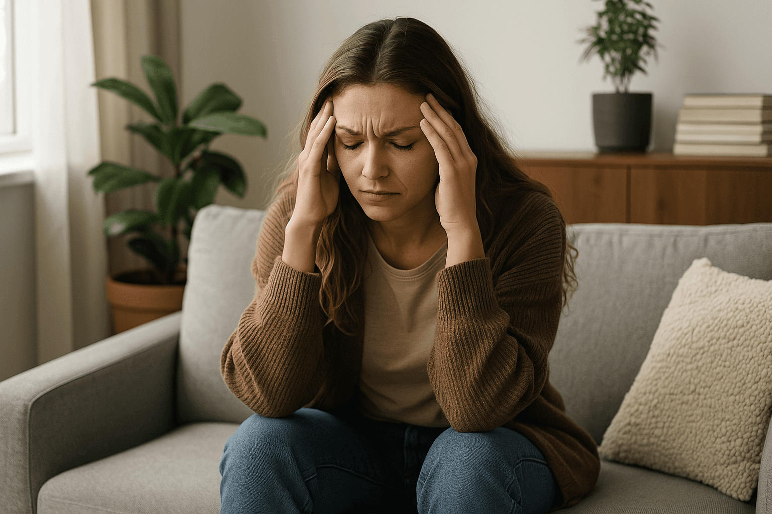 Persona sobrecargada, transmitiendo la sensación de agotamiento emocional o tensión mental.