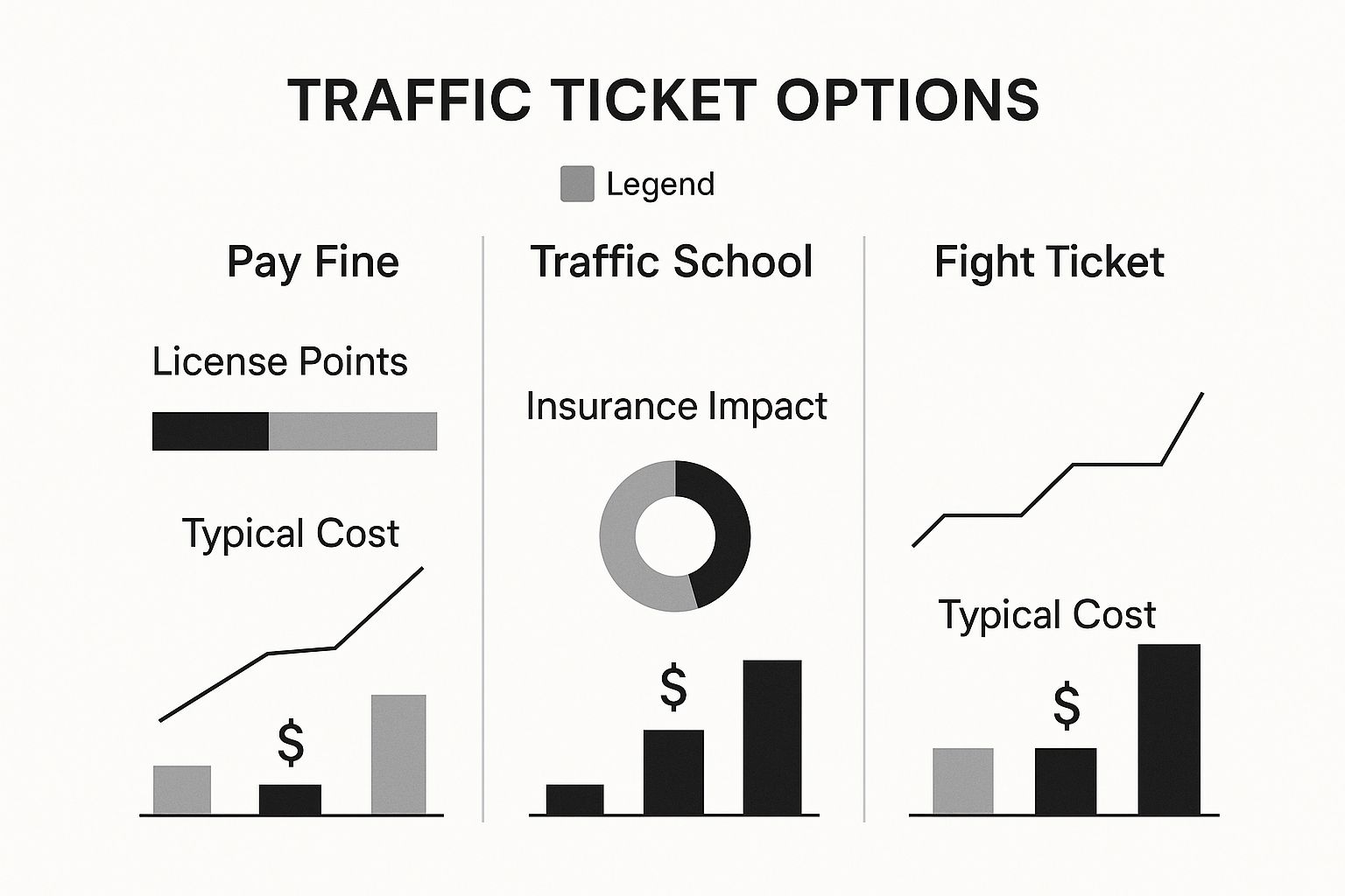Infographic comparing the impact of paying a fine, attending traffic school, or fighting a traffic ticket in Florida.