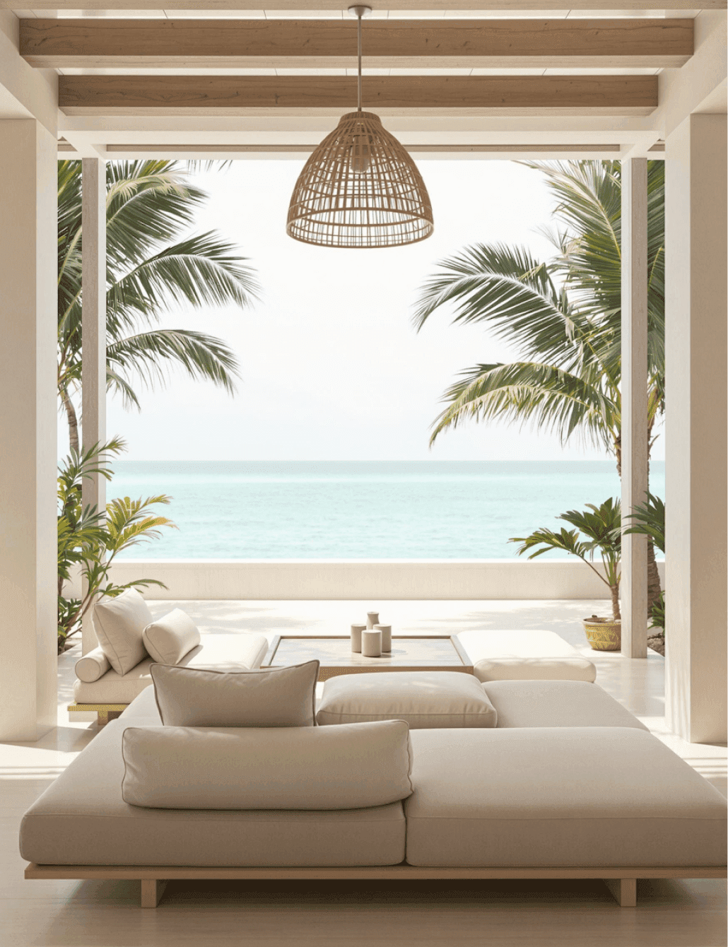Relaxing outdoor seating area with a beautiful ocean view, palm trees, and a woven pendant light.
