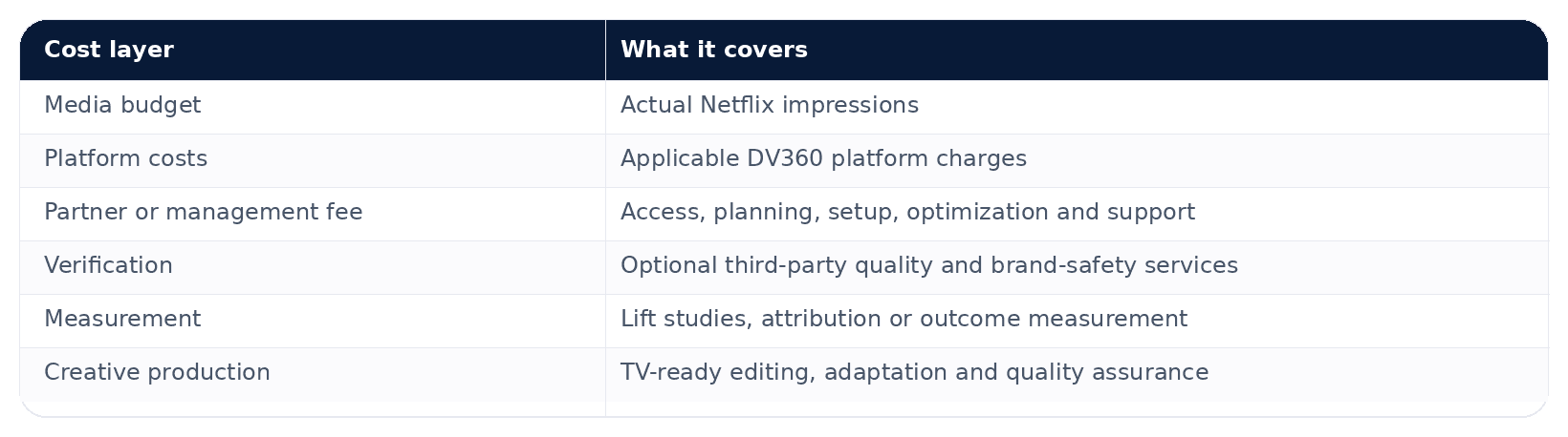 Netflix campaign budget layers: media budget, DV360 platform costs, partner or management fee, verification, measurement and creative production.