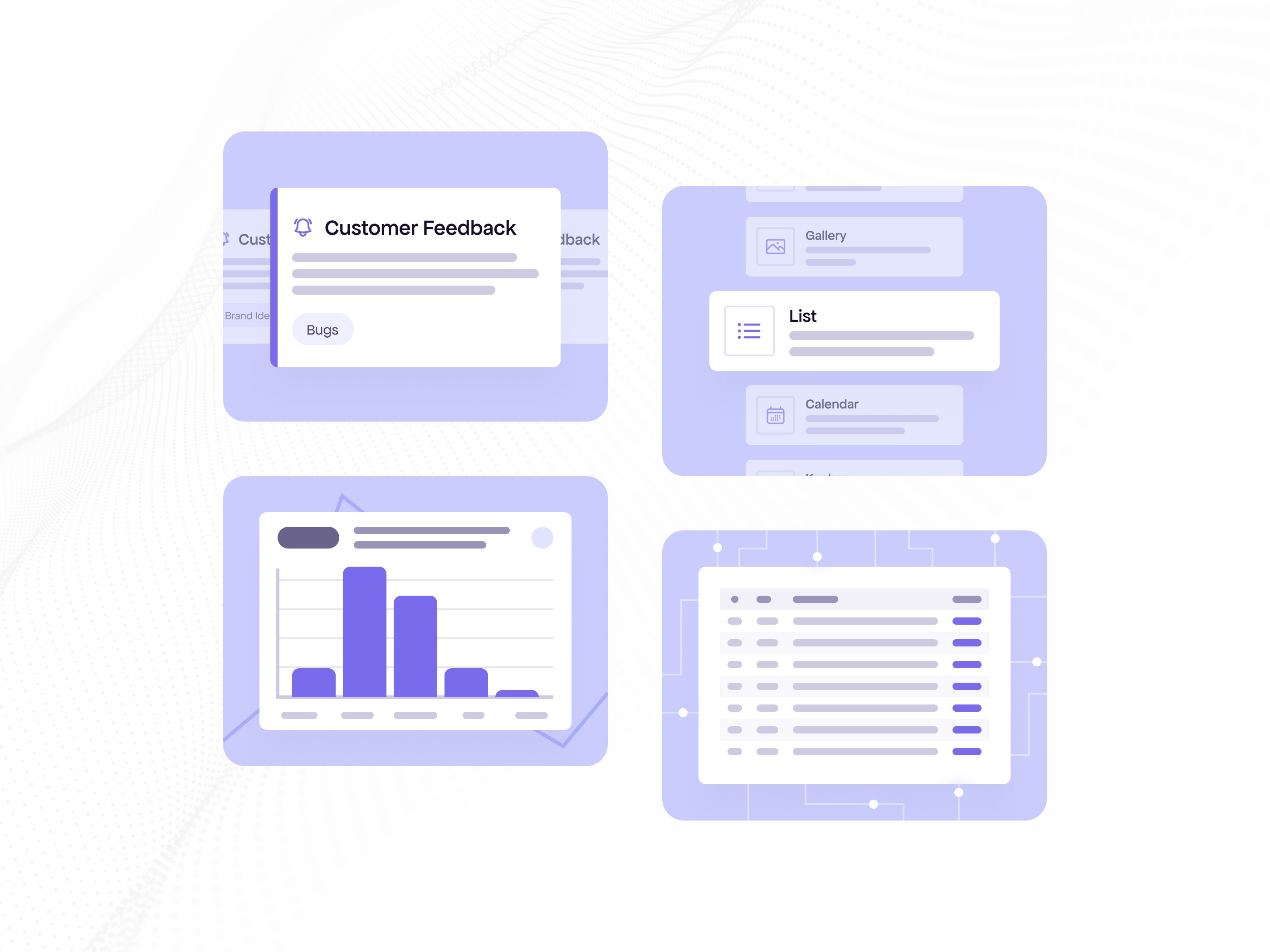 Graphical illustrations and designs for Data Fetcher’s unique selling points, depicting, customer feedback, internal tables, reports and charts, and example APIs