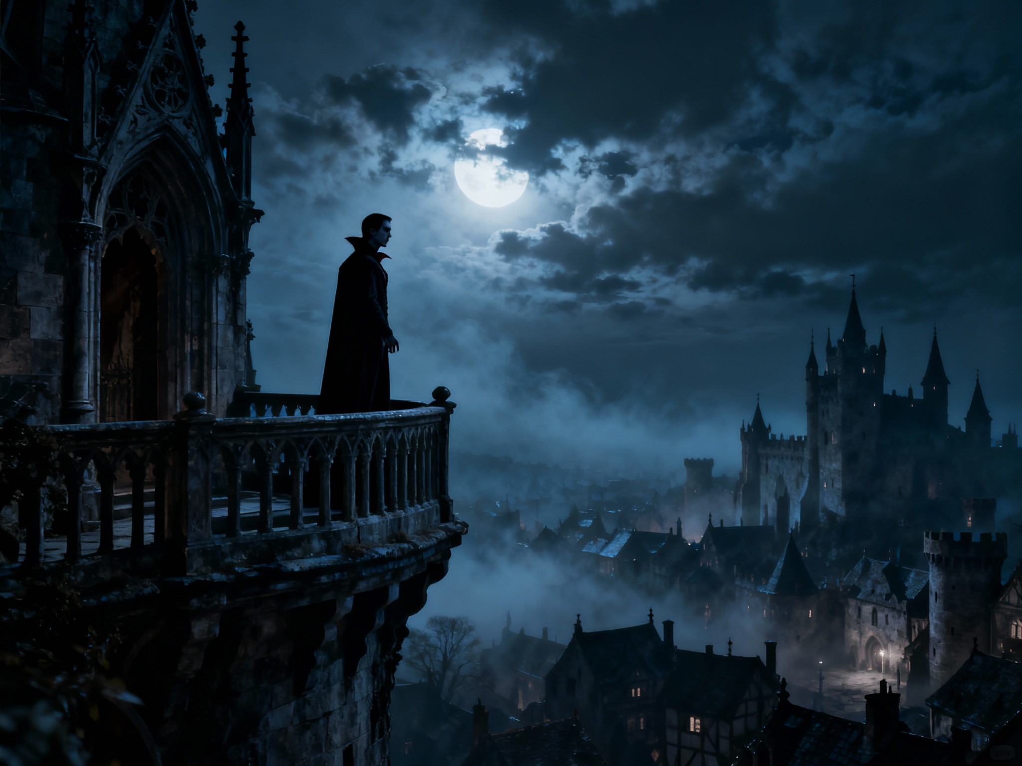 A scene portraying a solitary vampire character standing atop a gothic castle balcony at midnight
