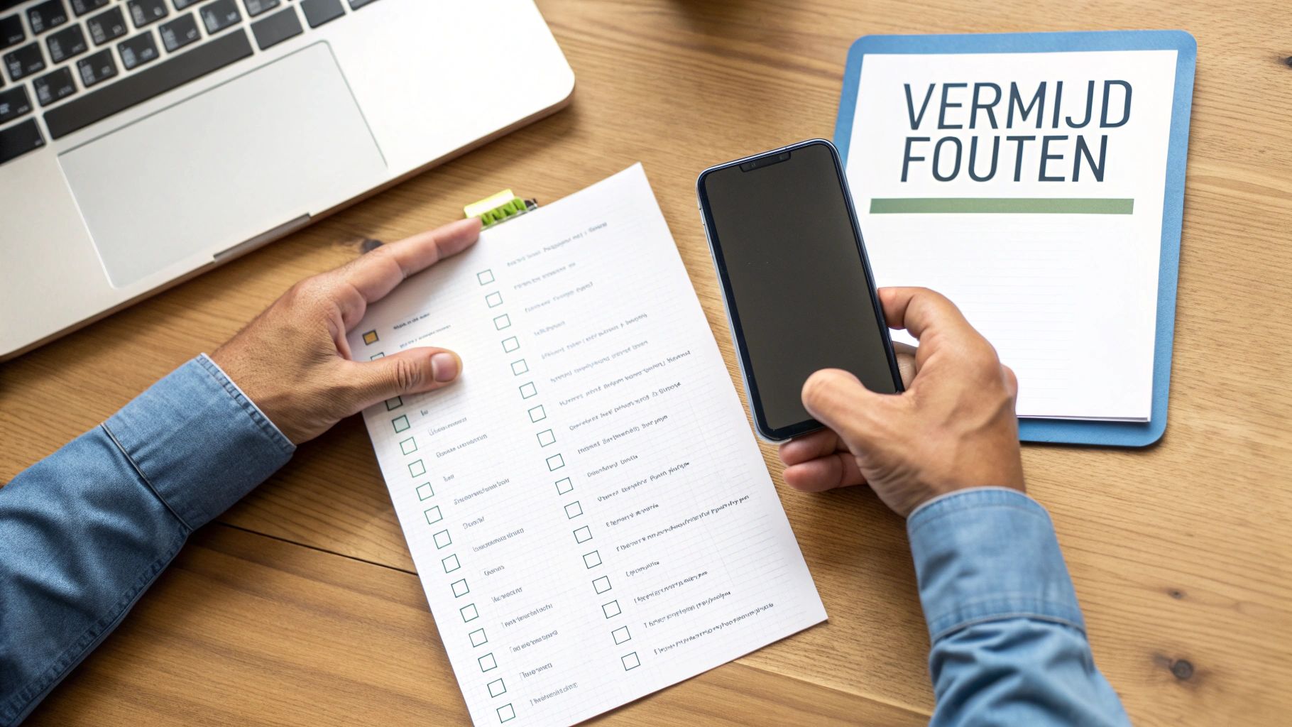 Man bekijkt checklist en smartphone naast een document 'VERMIJD FOUTEN' op een houten bureau.