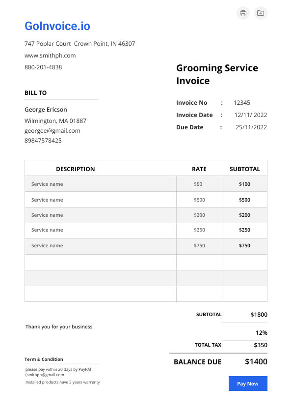 Grooming Service Invoice