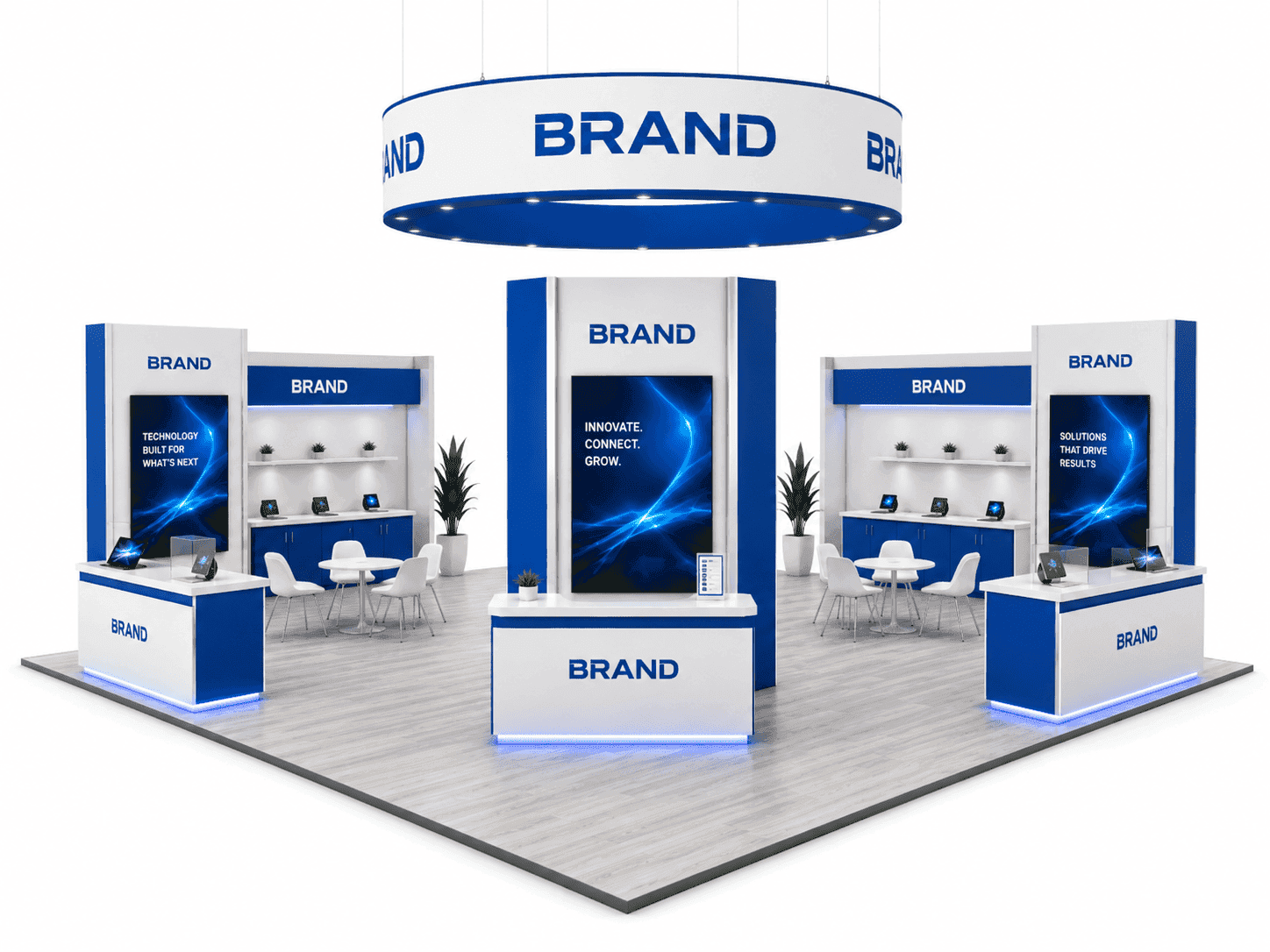 30x30 island booth layout with central brand anchor and perimeter product demo stations