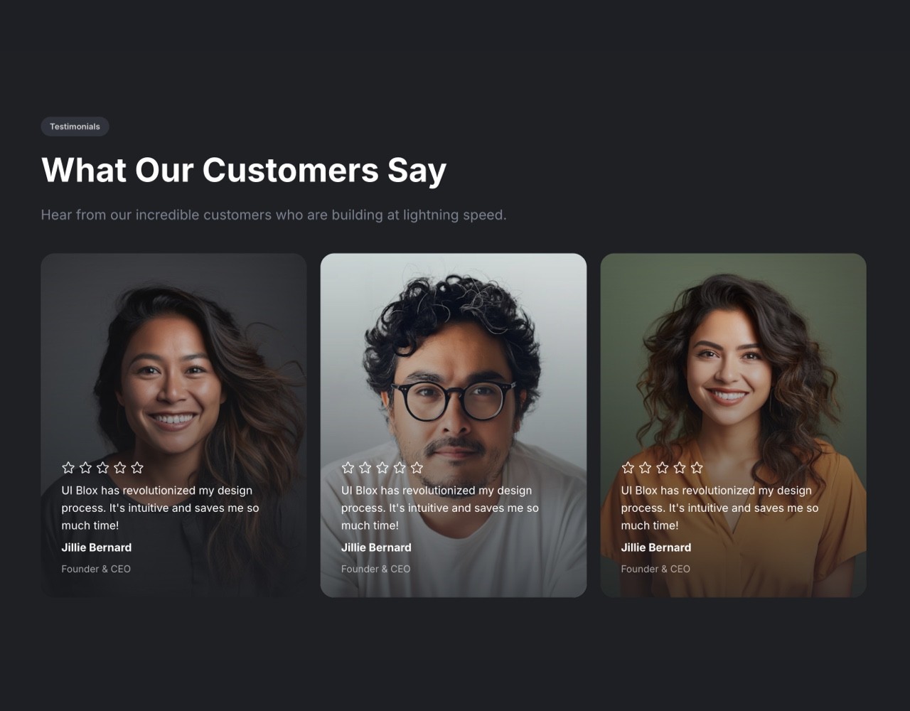 Framer Dark Testimonials Section - Frameblox UI