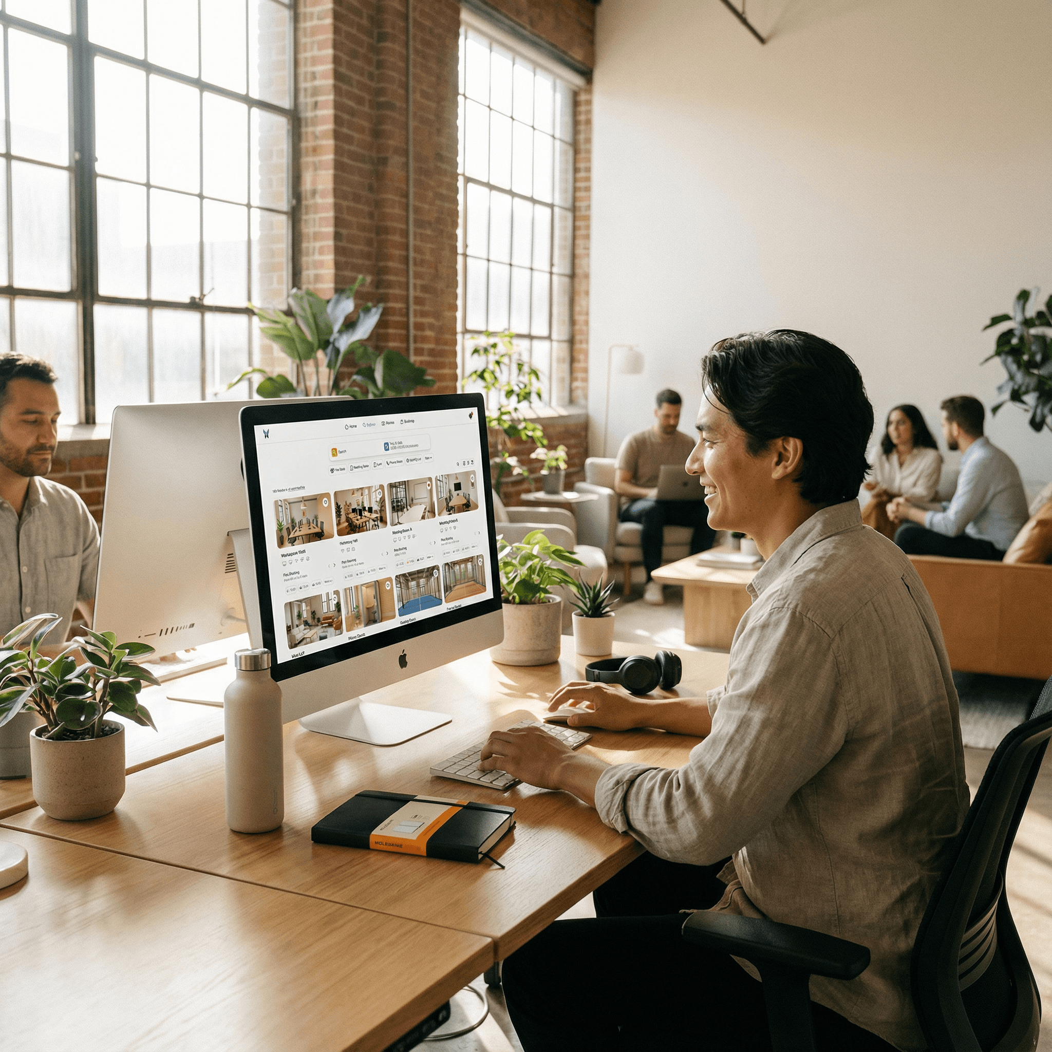 Ein Mann bucht über die Ressourcenansicht in anny einen Meetingraum. Sein Buchungskalender ist mit seinem Google-Ressourcenkalender synchronisiert.