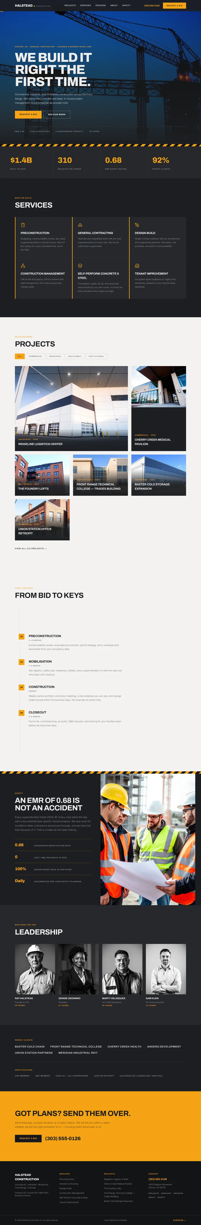 Full construction company website design: crane hero, services, projects, build process, safety