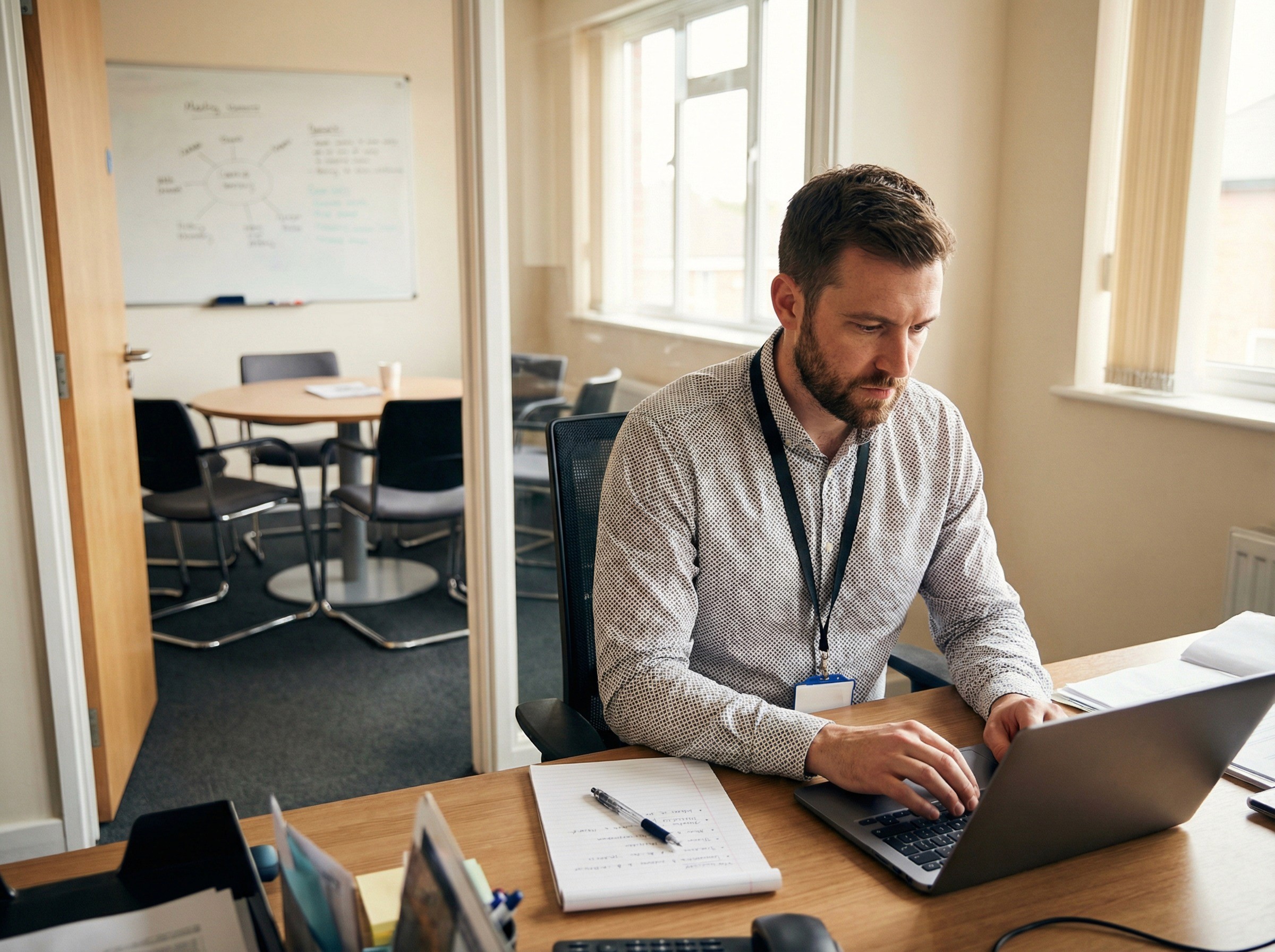 A WHS coordinator in his early 30s sitting at his desk immediately after a meeting, typing on his laptop with the focused, methodical expression of someone capturing what just happened while it is fresh. Behind him, through an open door, the meeting room he just left is visible — chairs slightly pushed out, a whiteboard with a few words still on it, the lights still on. His desk has a notepad with bullet points in his own handwriting, which he is clearly translating into the system. 