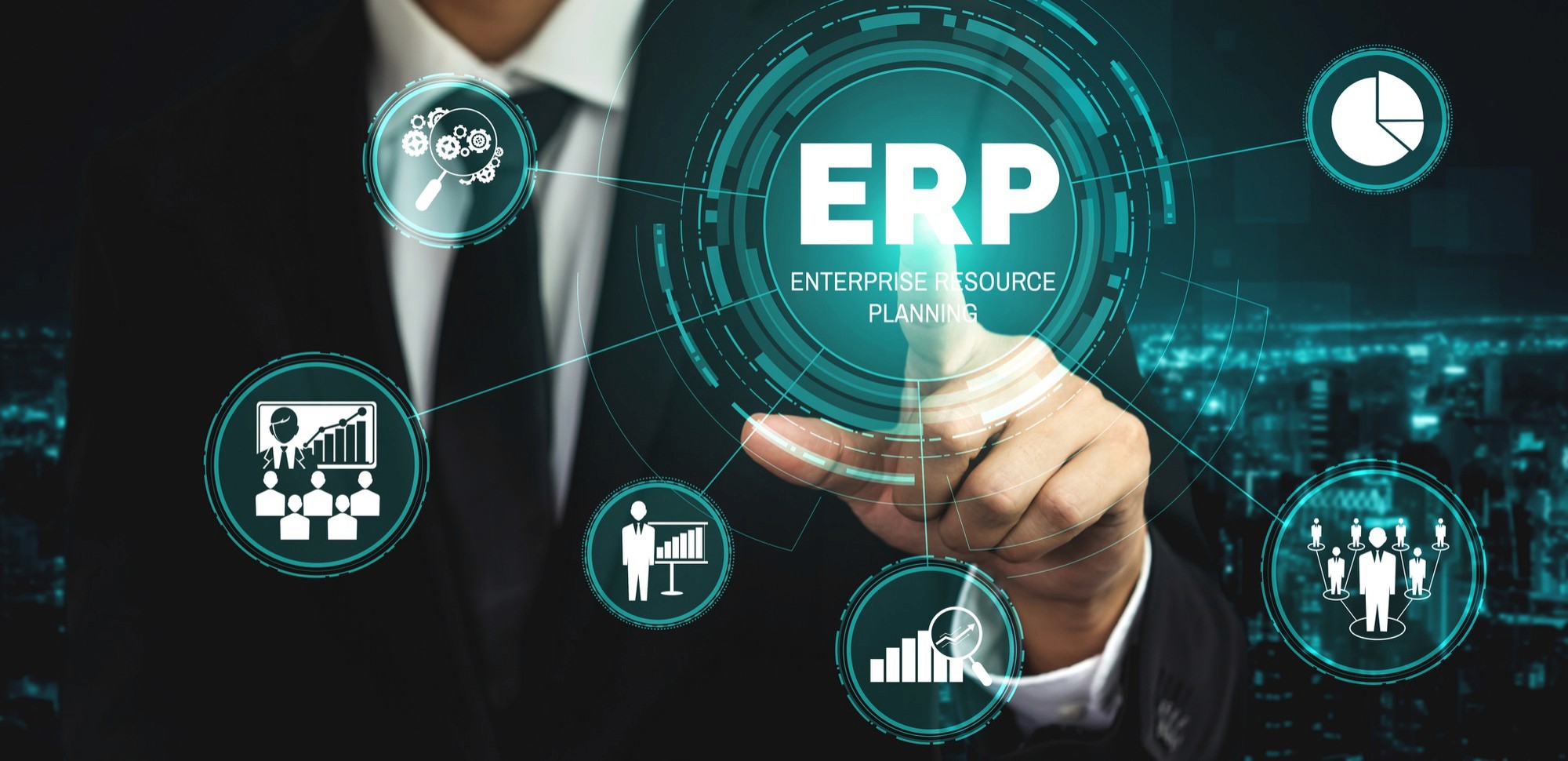 ERP Next business dashboard displaying modules for HR, accounting, CRM, and inventory with connected data flow and unified interface.