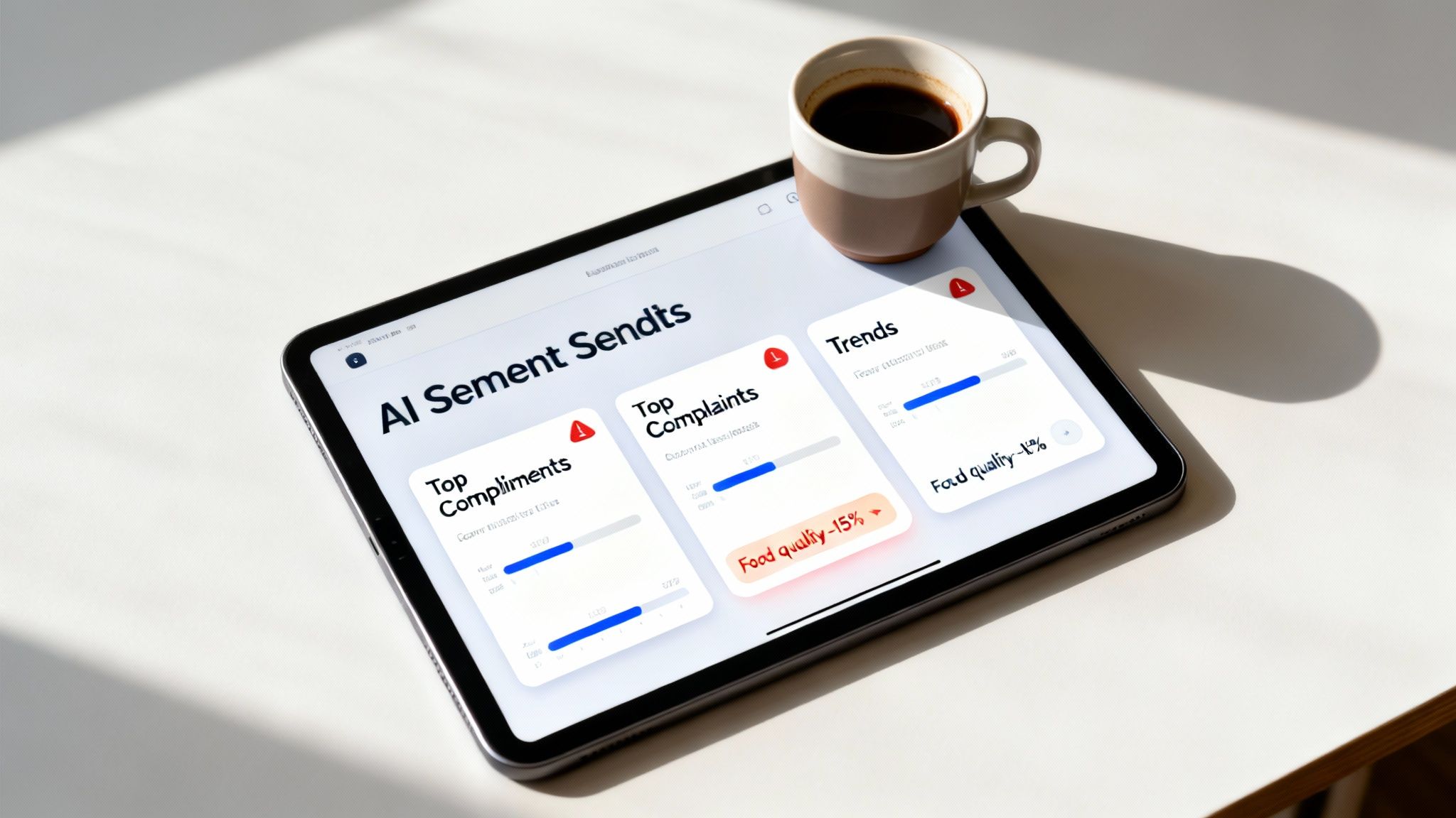 A close-up shot of a hospitality owner analyzing customer satisfaction data on a tablet.