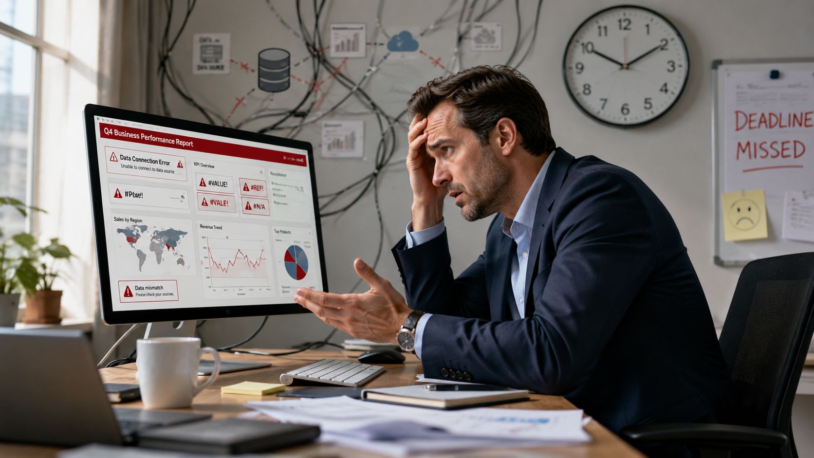 A stressed businessman sits at his desk looking at a computer screen displaying critical data errors.