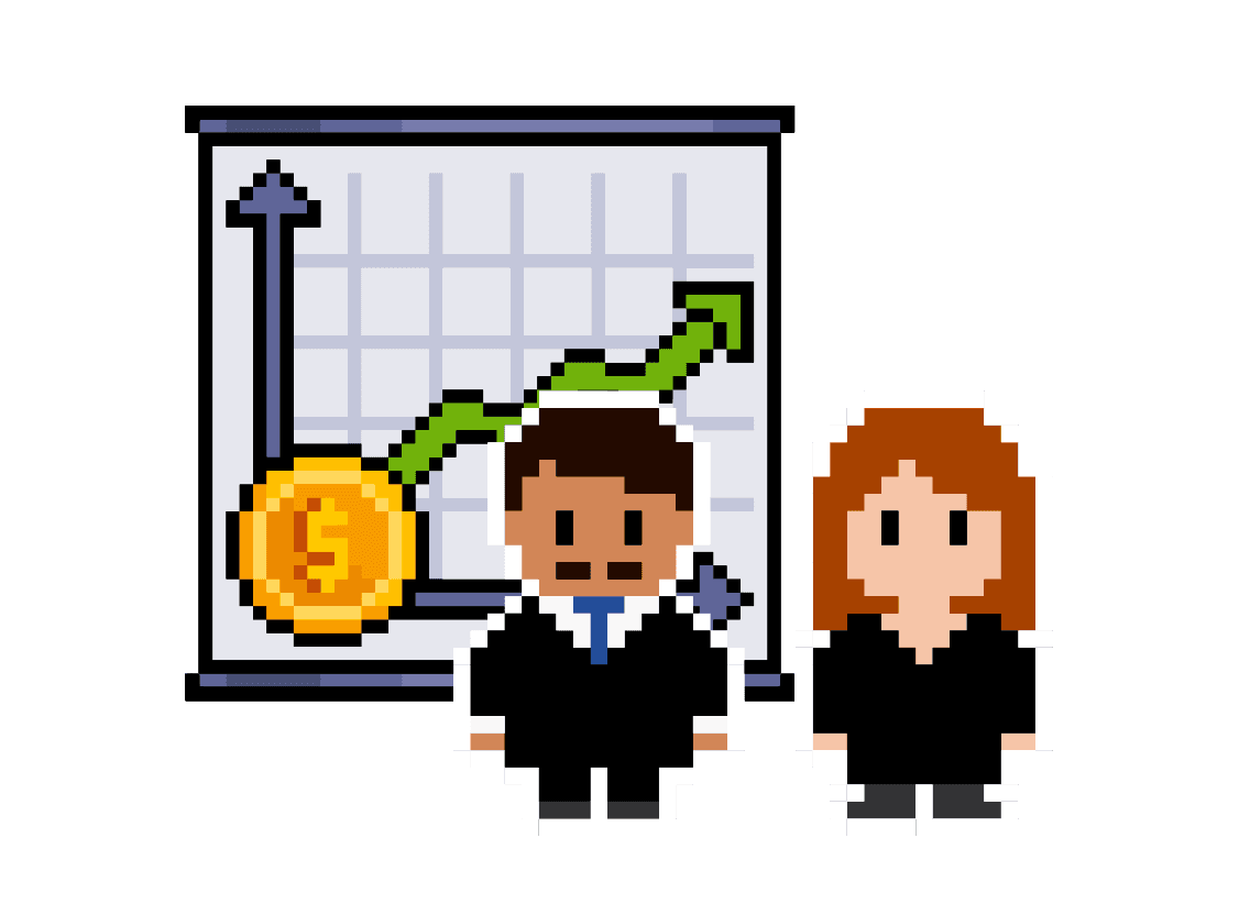 Pixel man and woman in front of an upward-trending revenue graph.