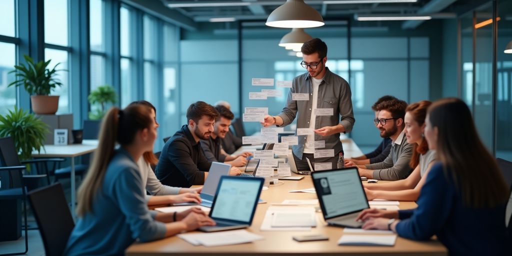 Diverse professionals collaborating in a modern office setting.