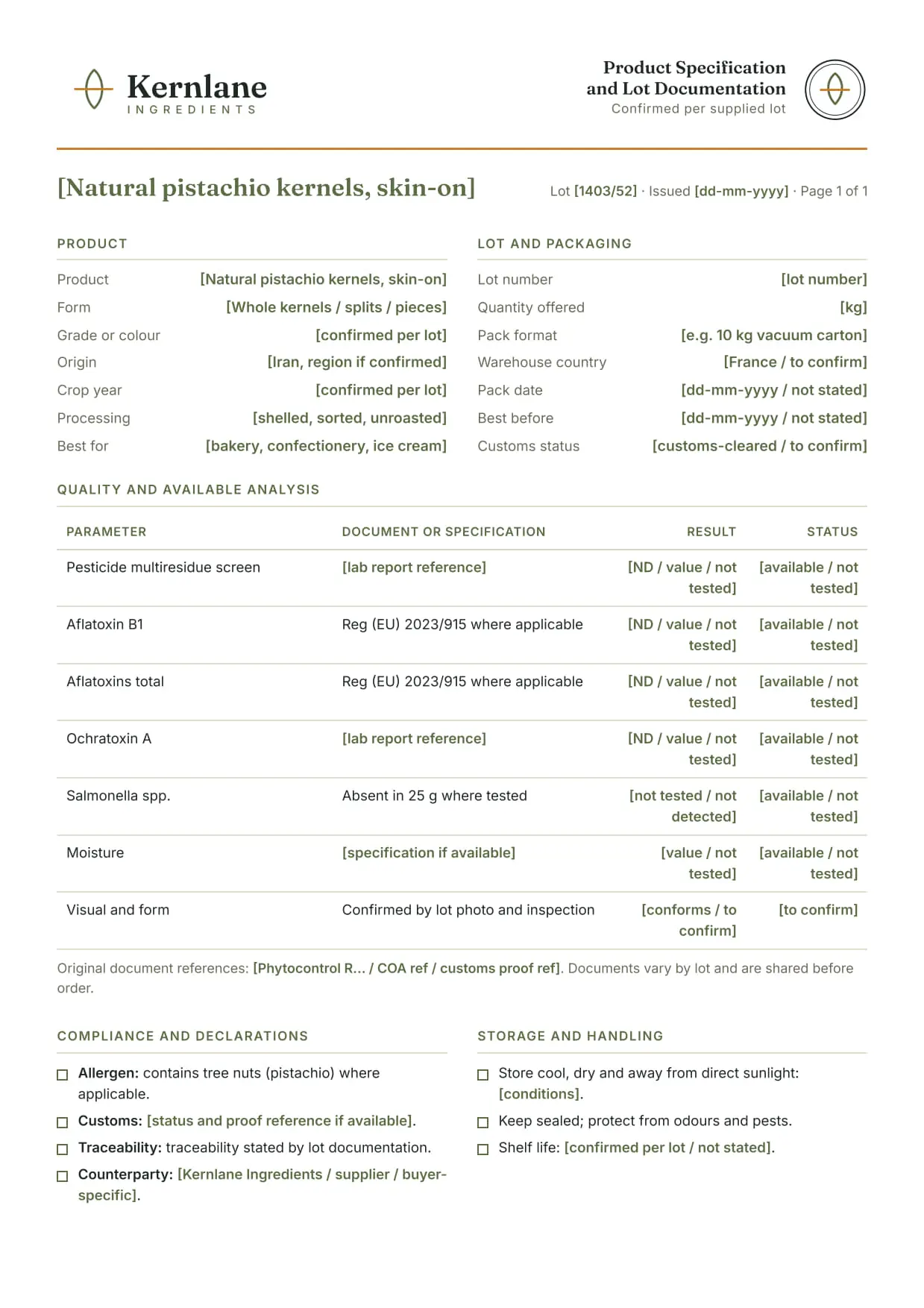 Preview of a Kernlane product specification and lot documentation sheet.