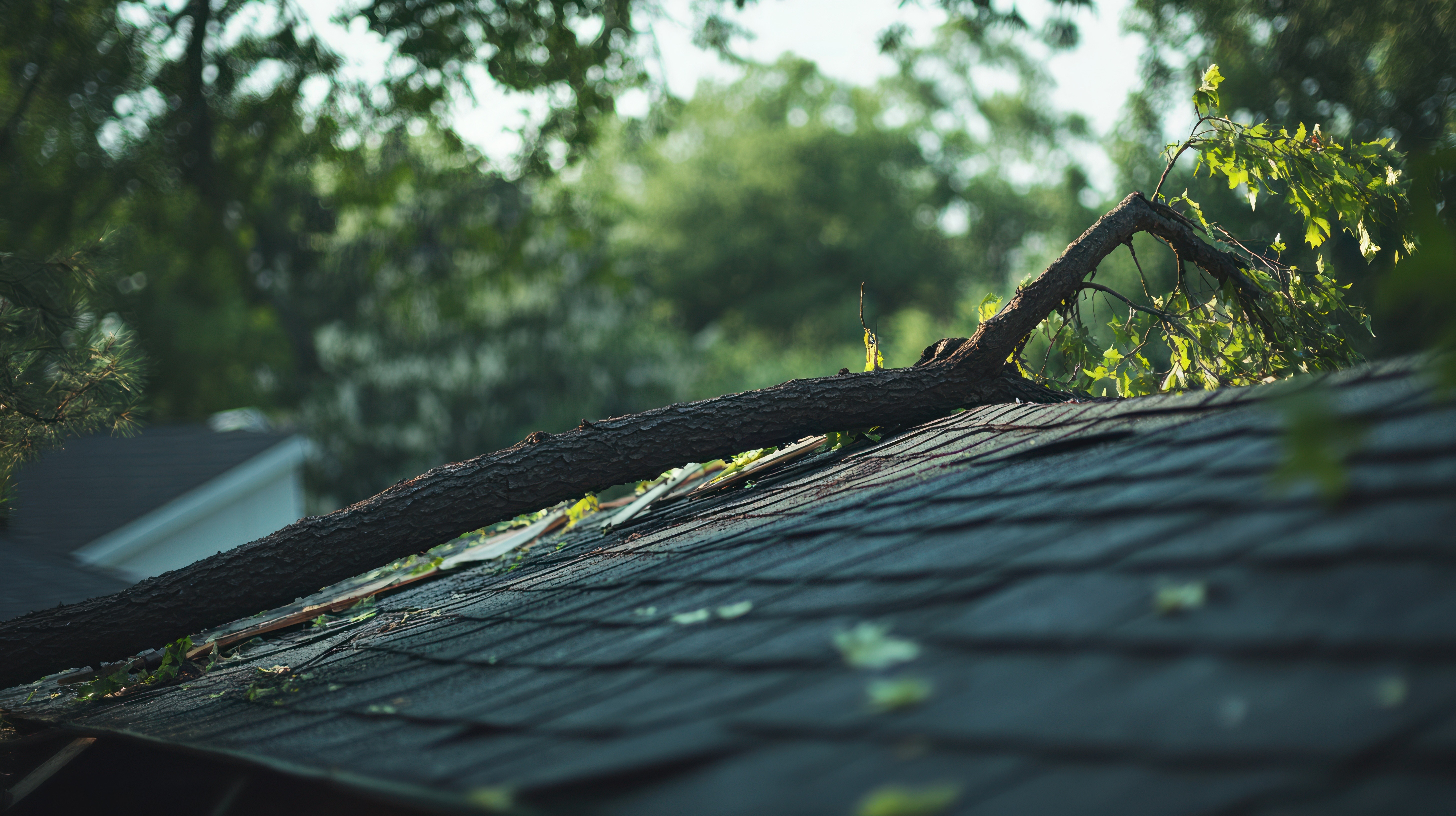 Tree branch fallen on residential roof after storm damage in St. Louis, showing broken shingles and structural impact