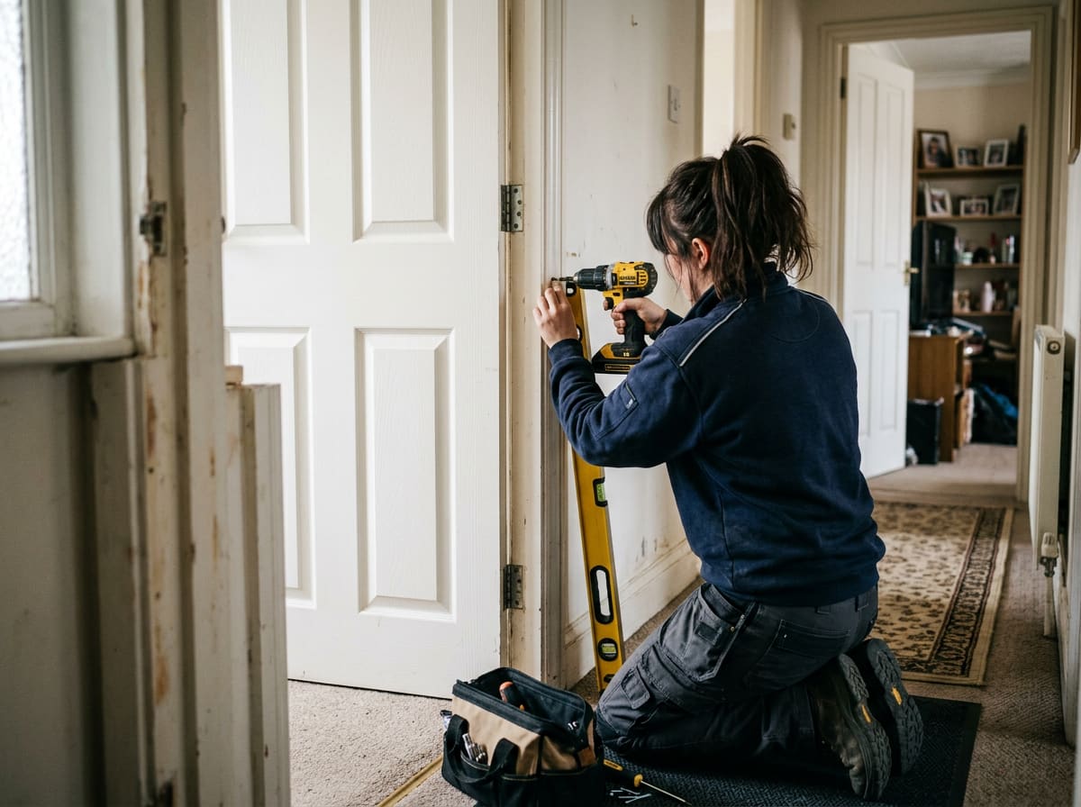 Maintenance tradesperson rehanging an internal door