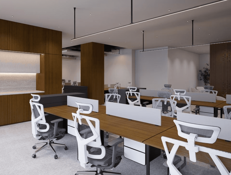 Open-plan coworking space at Al Fattan with minimalist design and contemporary white workstations