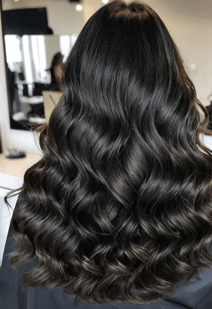 Mujer con extensiones de cabello muy largo y voluminoso, ligeramente rizado para un toque natural, en Carlos y Hugo Spa en Arequipa