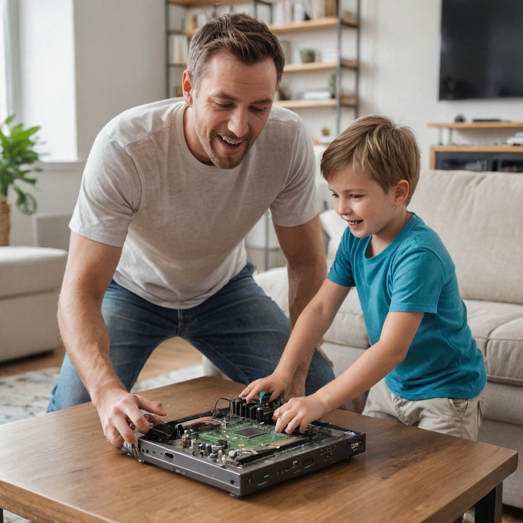 father and son building a computer