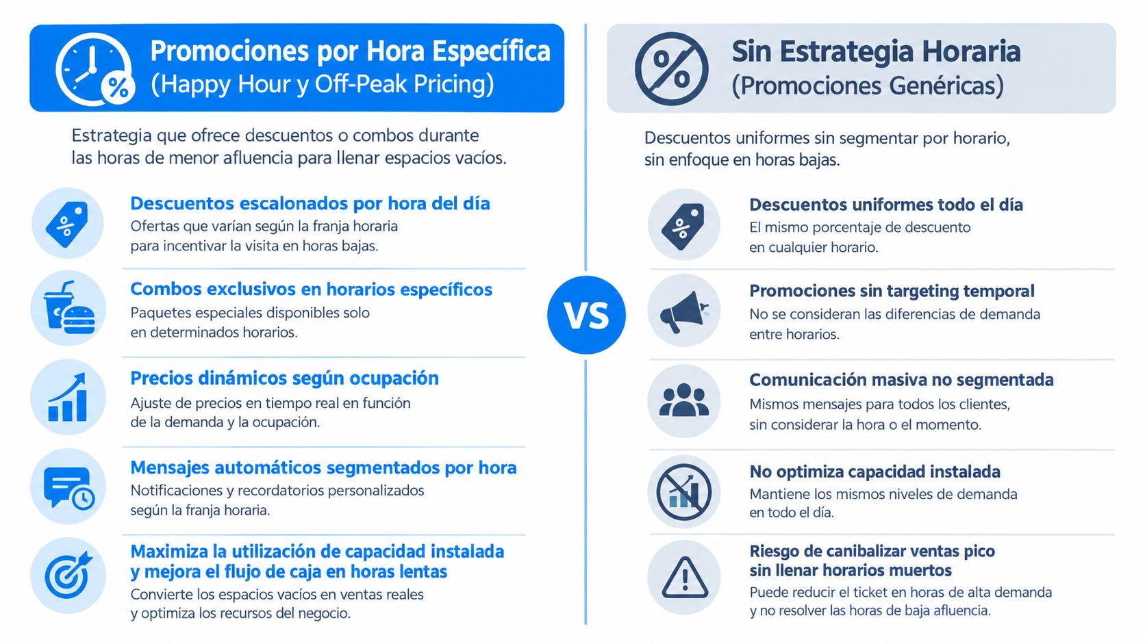 Comparativa visual entre el uso de promociones por hora frente a estrategias genéricas sin segmentación temporal.