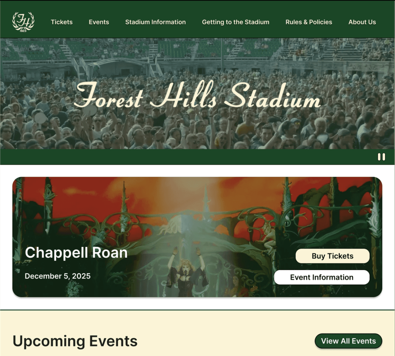 Redesigned homepage with hero carousel showing next upcoming concert and 'Upcoming Events' heading with event cards below