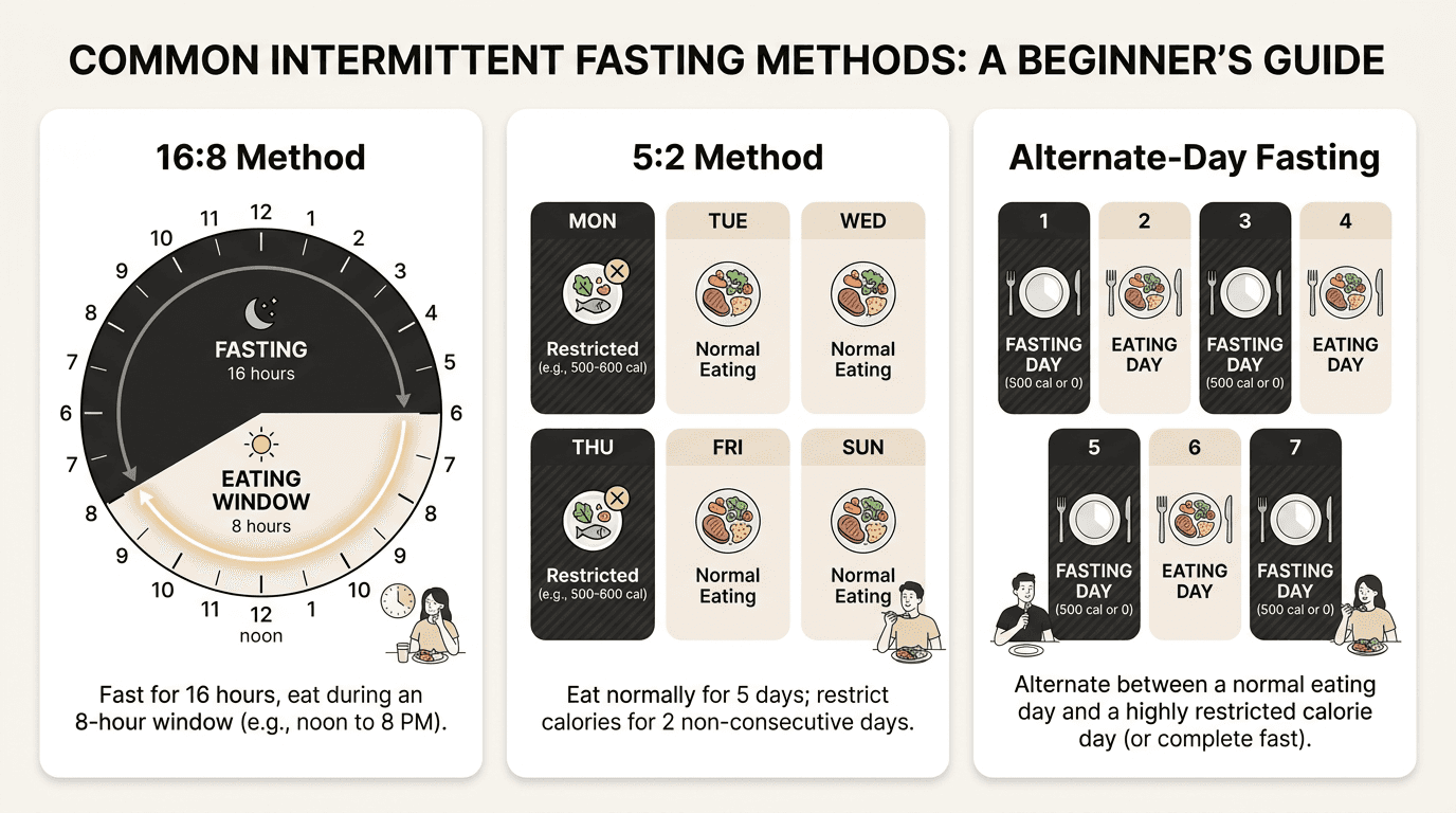 Intermittent fasting schedule types: 16:8, 5:2, and alternate-day fasting comparison