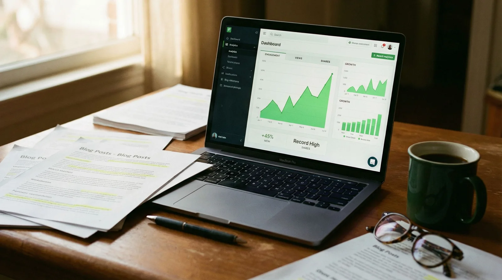 Analytics dashboard on laptop showing upward engagement and share metrics, printed blog posts with highlighted passages alongside, warm home office light
