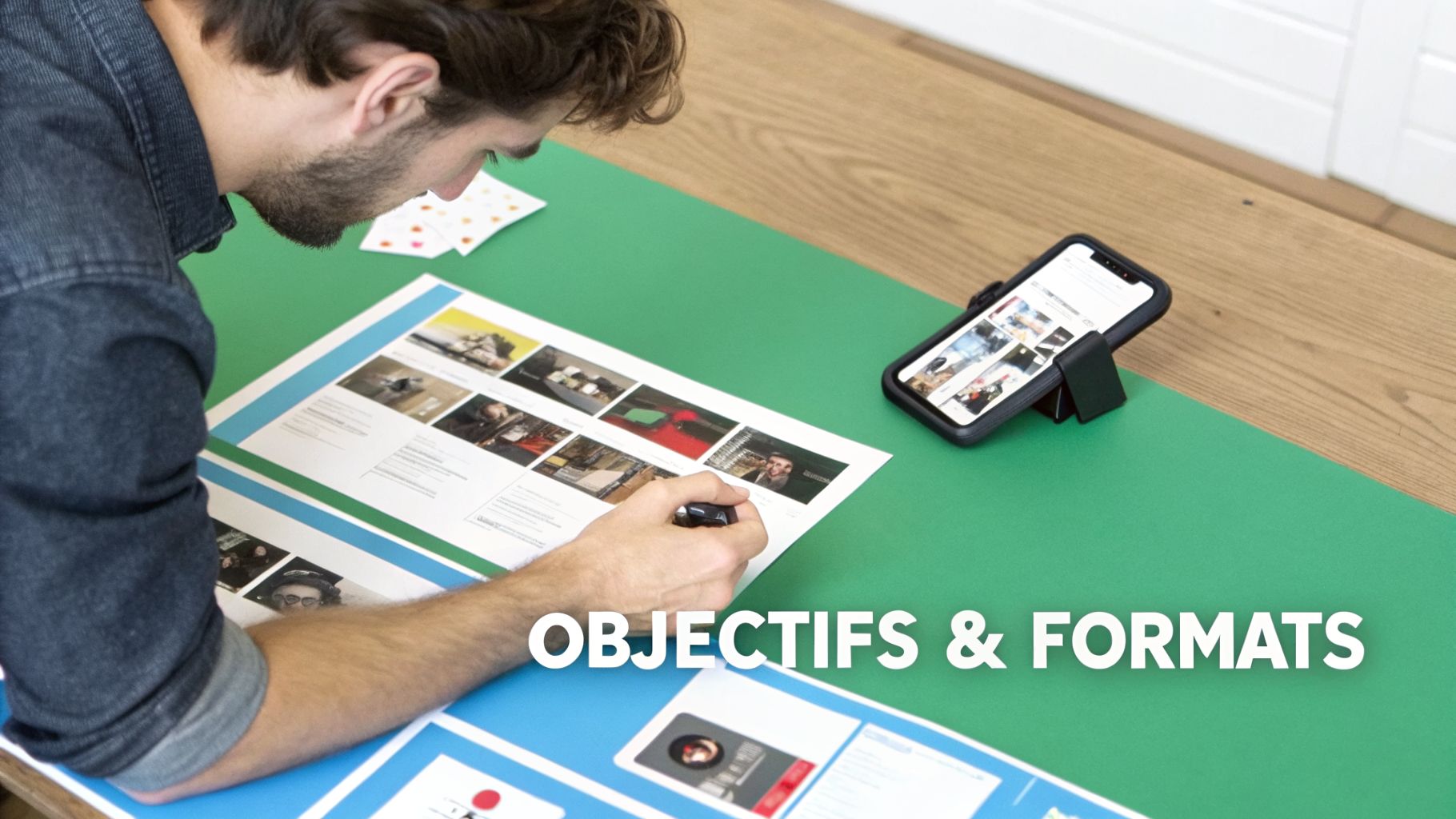 Un homme examine attentivement des documents imprimés et un smartphone affichant des visuels, travaillant sur un projet créatif sur un bureau vert.