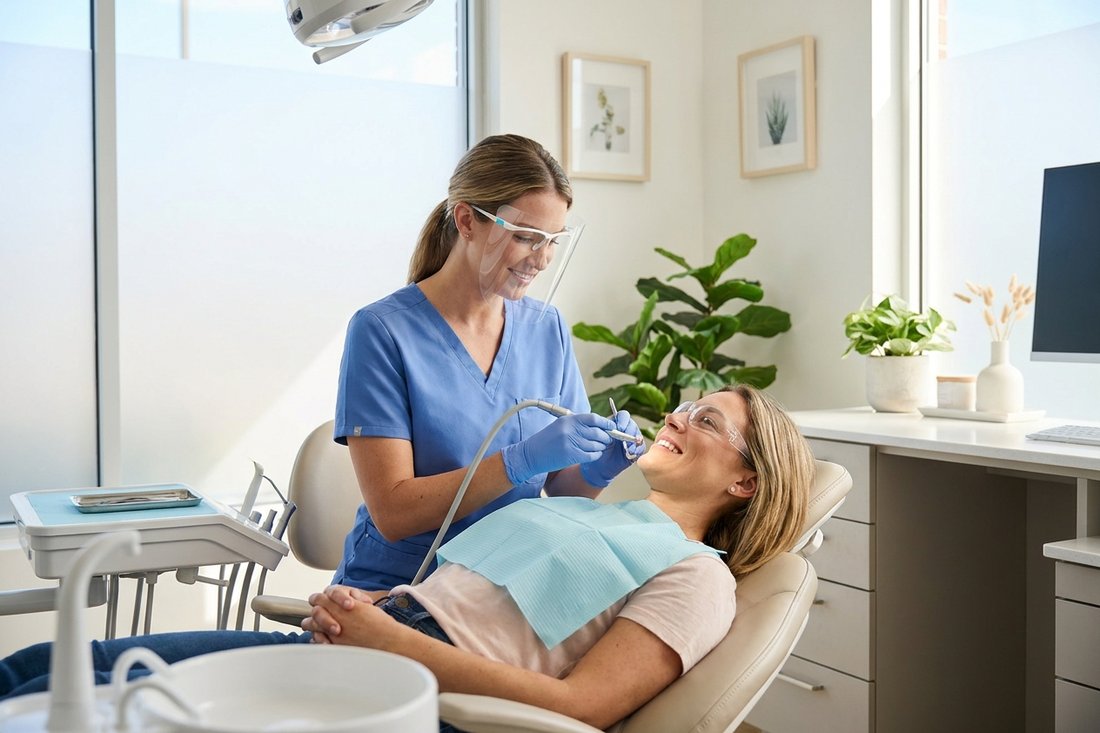 Dental hygienist performing a routine professional cleaning on a relaxed patient in a modern operatory