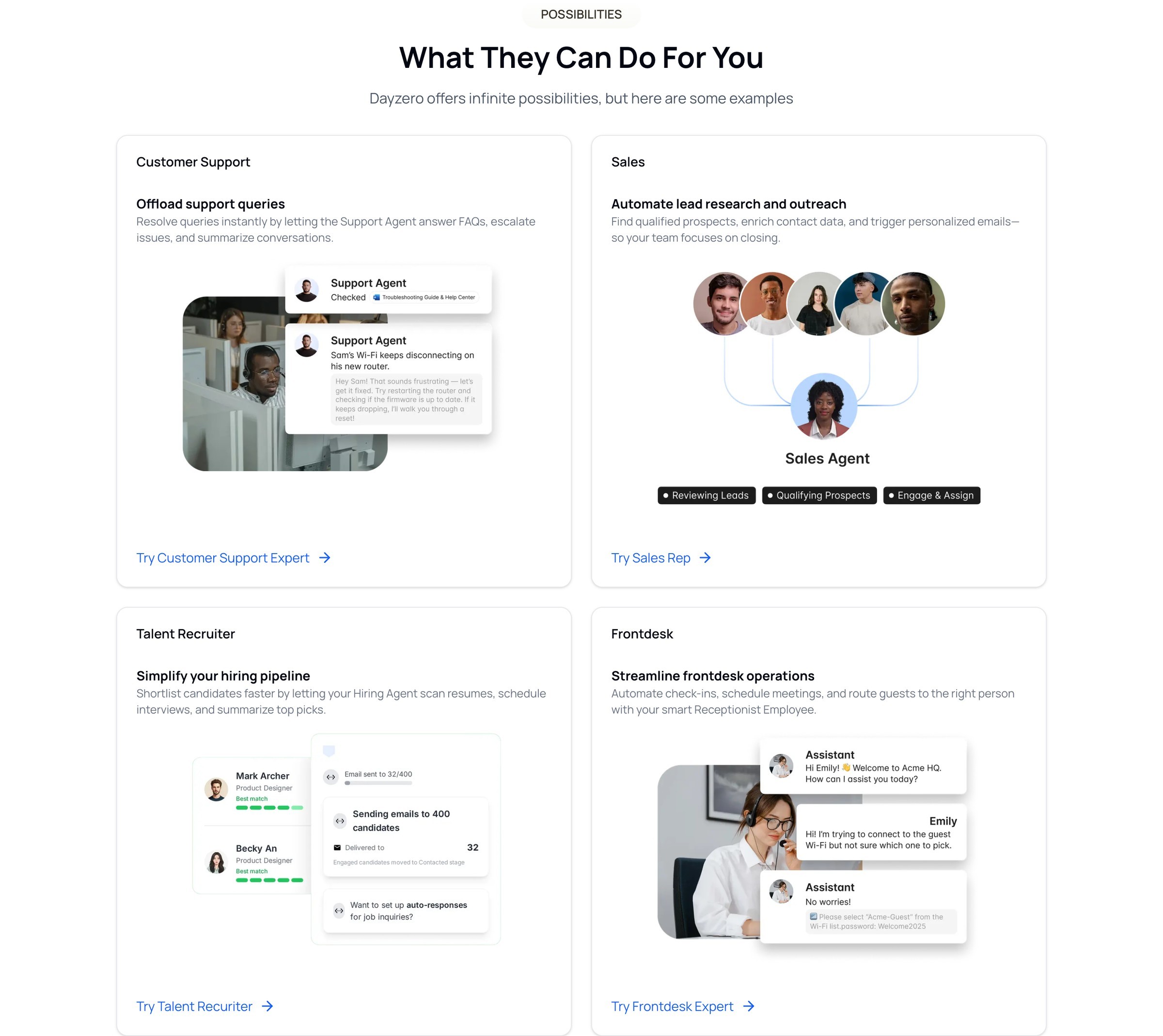 What They Can Do For You: four use-case cards for customer support, sales, talent recruiting and front desk, each with a mini interface illustration and a Try link