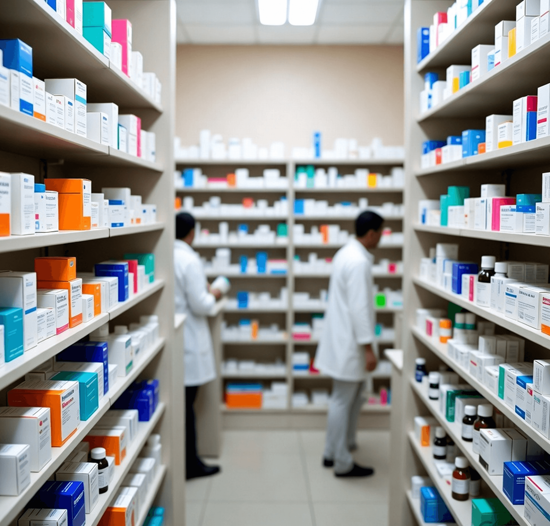 Two pharmacists in white coats among shelves of medications.