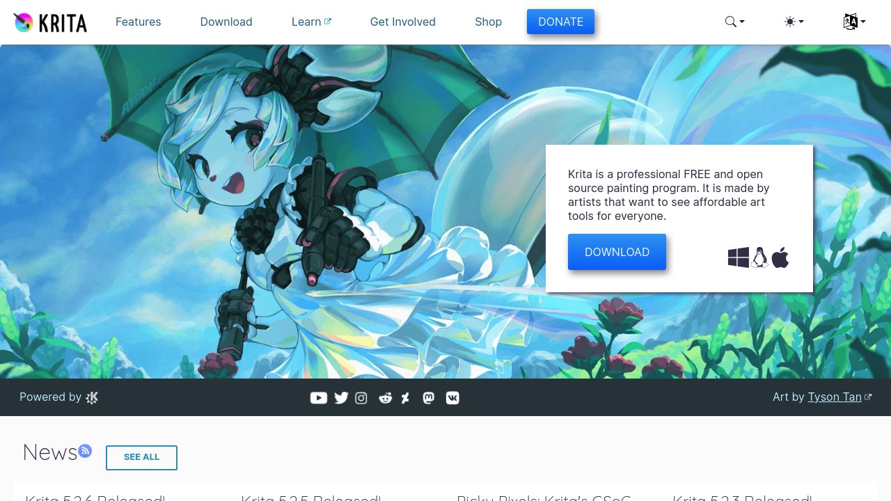 Screenshot of the Krita website showcasing free digital painting software for artists