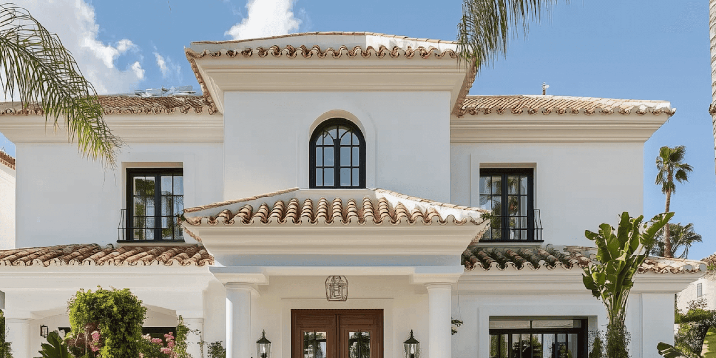 Elegant Mediterranean-style villa with white walls and terracotta roof tiles