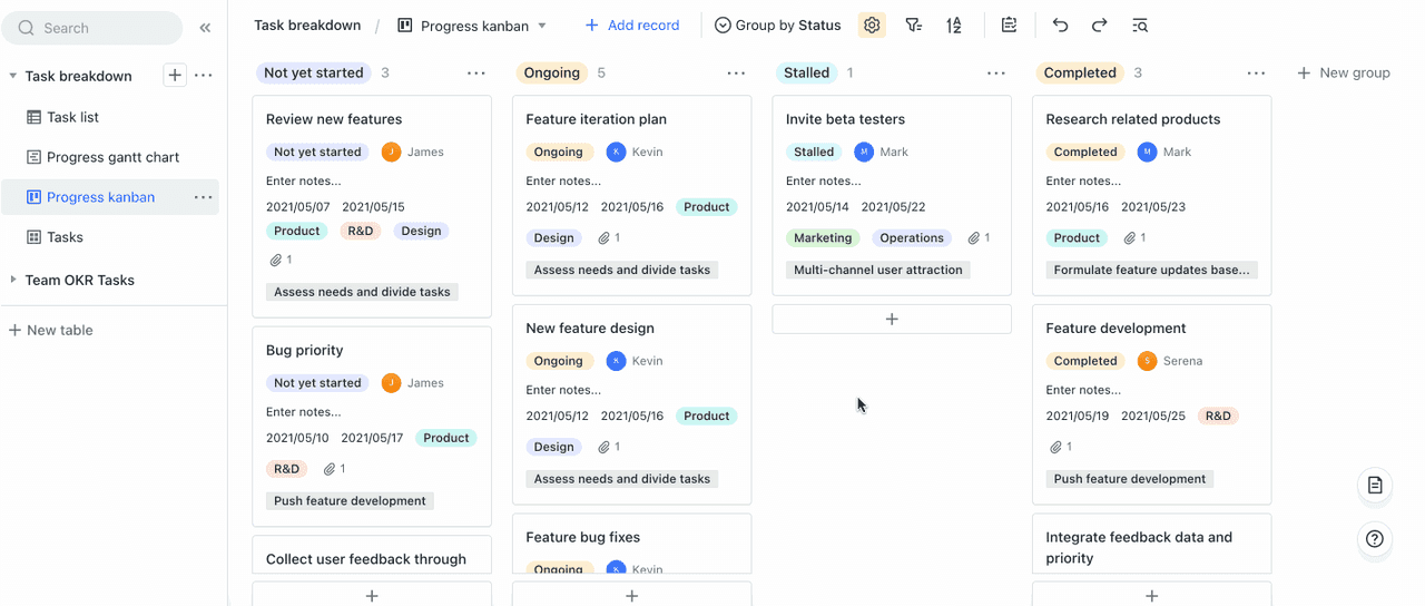 Project tasks organized into related columns in a Kanban view