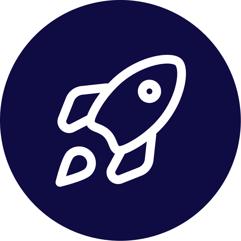 Ilustración lineal de un cohete despegando en blanco sobre fondo azul oscuro, representando el lanzamiento de proyectos o startups.