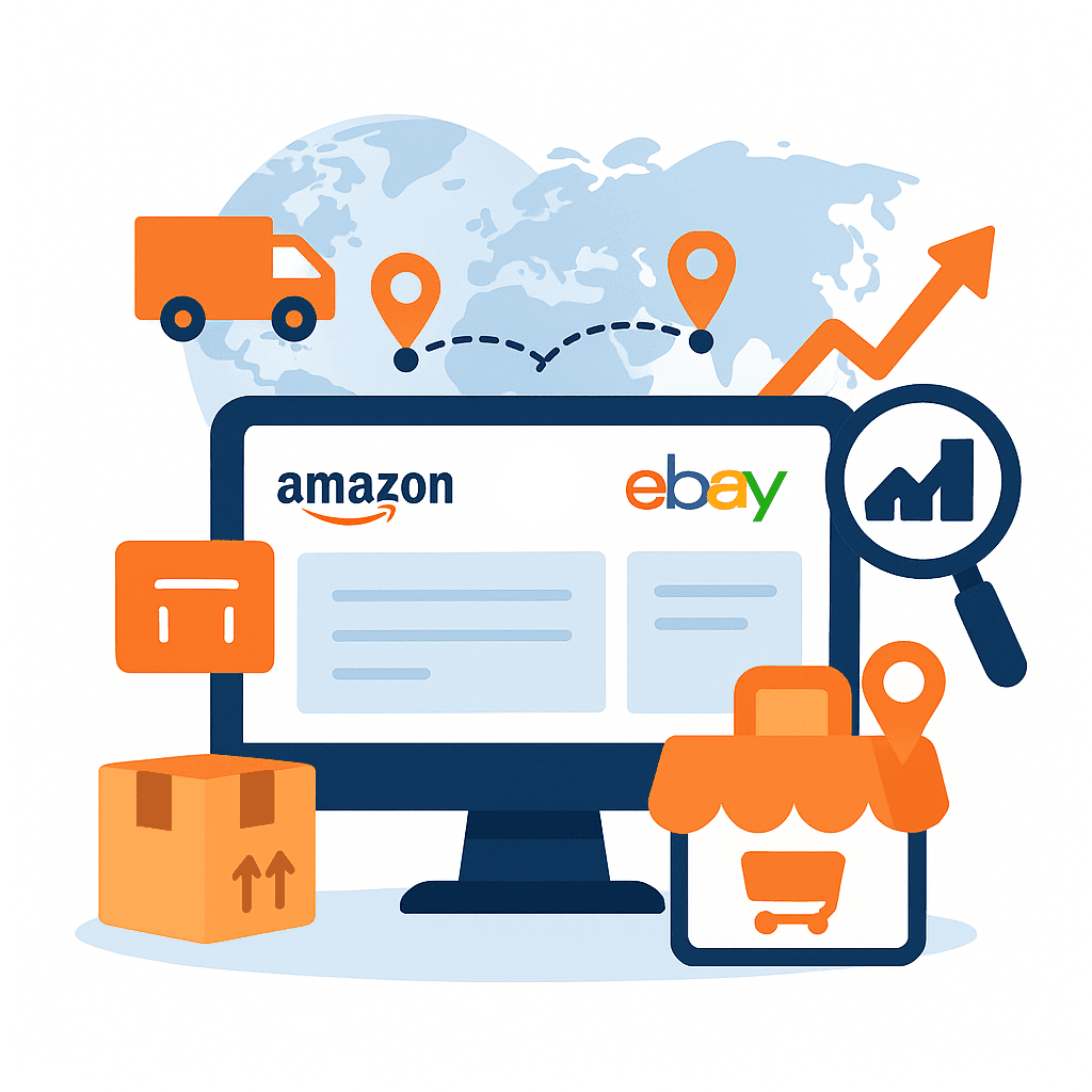 Illustration of marketplace expansion showing Amazon, Zalando, and eBay logos alongside a world map, growth arrows, checklist, laptop with bar chart, and globe symbolizing regional ecommerce growth and international marketplace strategy.