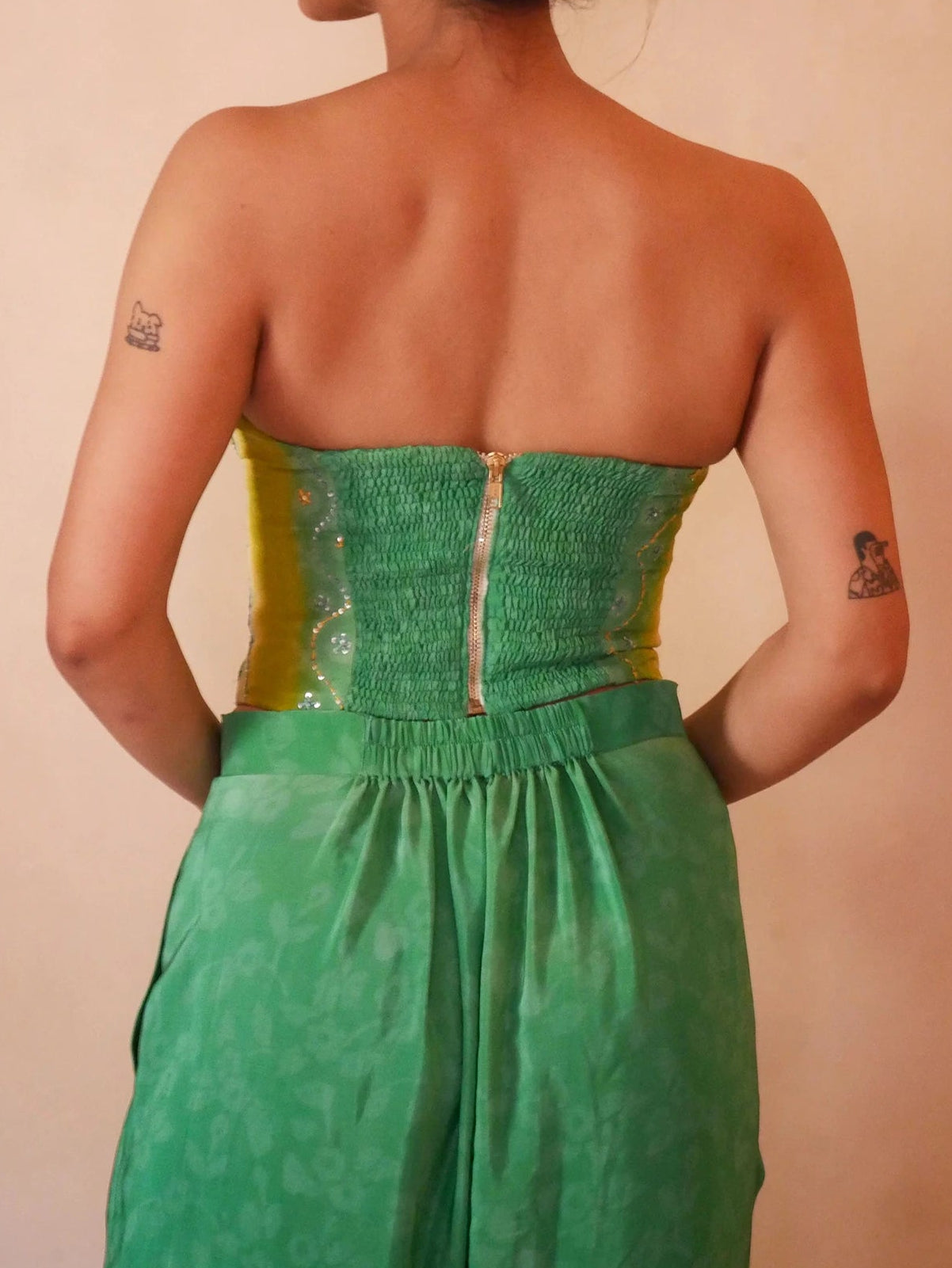 SWARA handcrafted silk corset from vintage saree with sweetheart neckline, tapered waist and adjustable back ties.