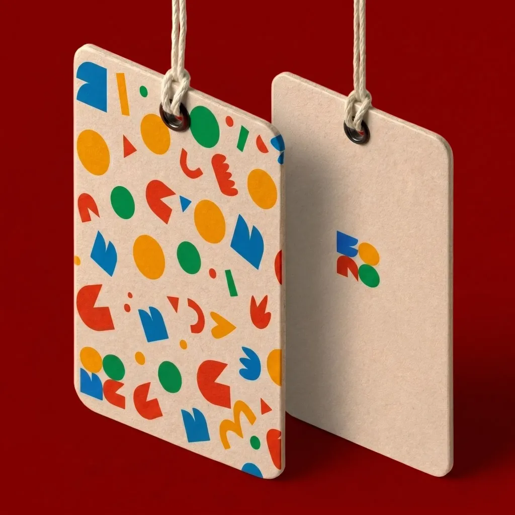 Abstract art branding design on two hang tags. Expert branding inspiration.