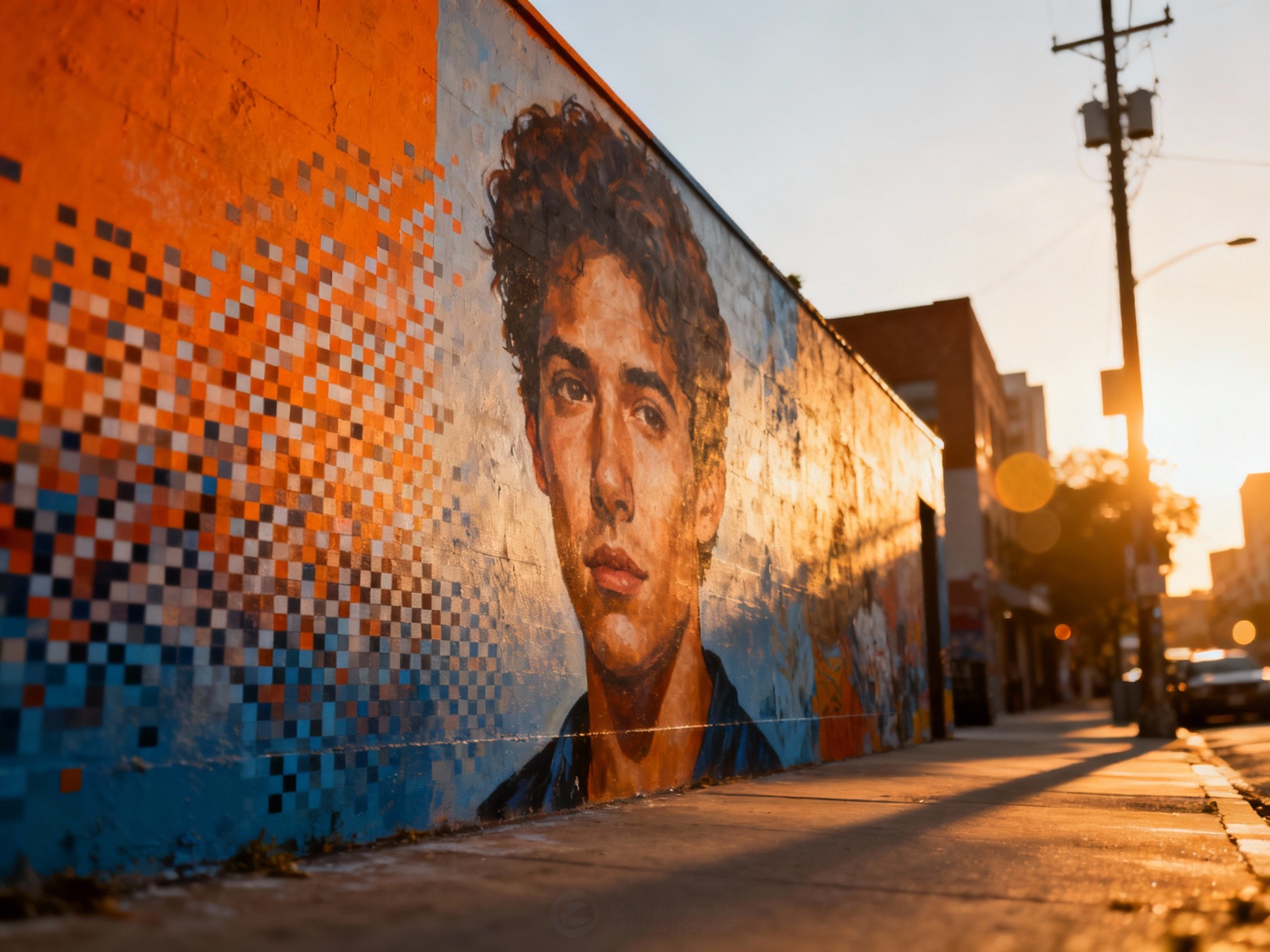 An expansive wide landscape of an outdoor urban mural wall transitioning from a blurred pixelated