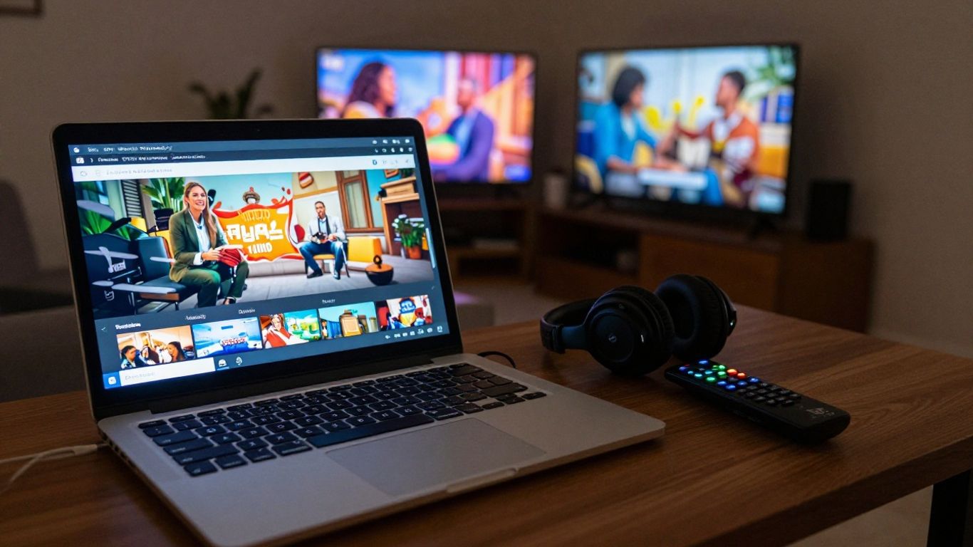 Photographic living room with laptop streaming Spanish television