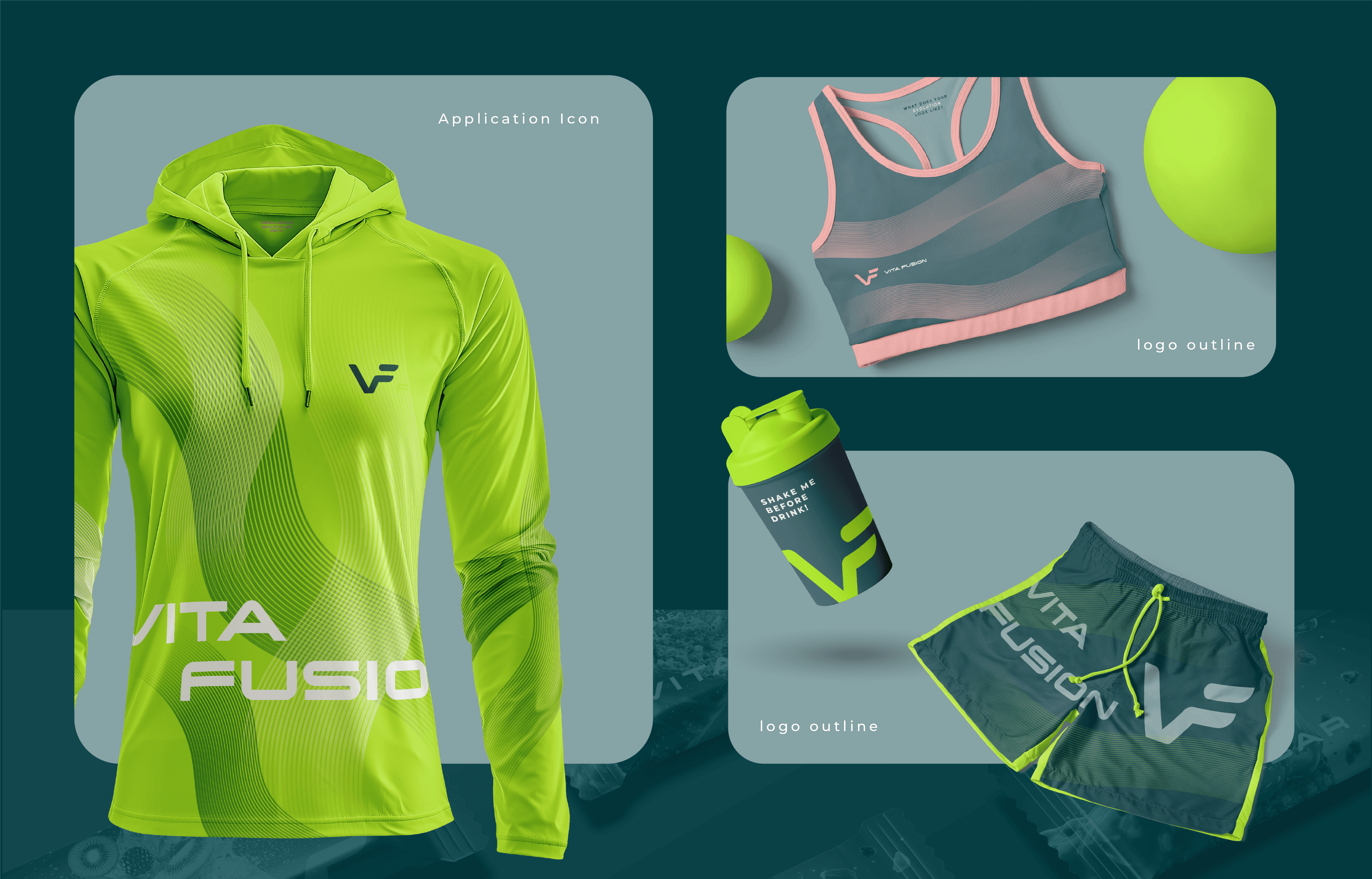 A collection of branded merchandise mockups for Vita Fusion, including a hoodie, sports bra, and shaker bottle. Demonstrates how the visual identity system scales across physical products, creating a cohesive brand ecosystem for the fitness market.